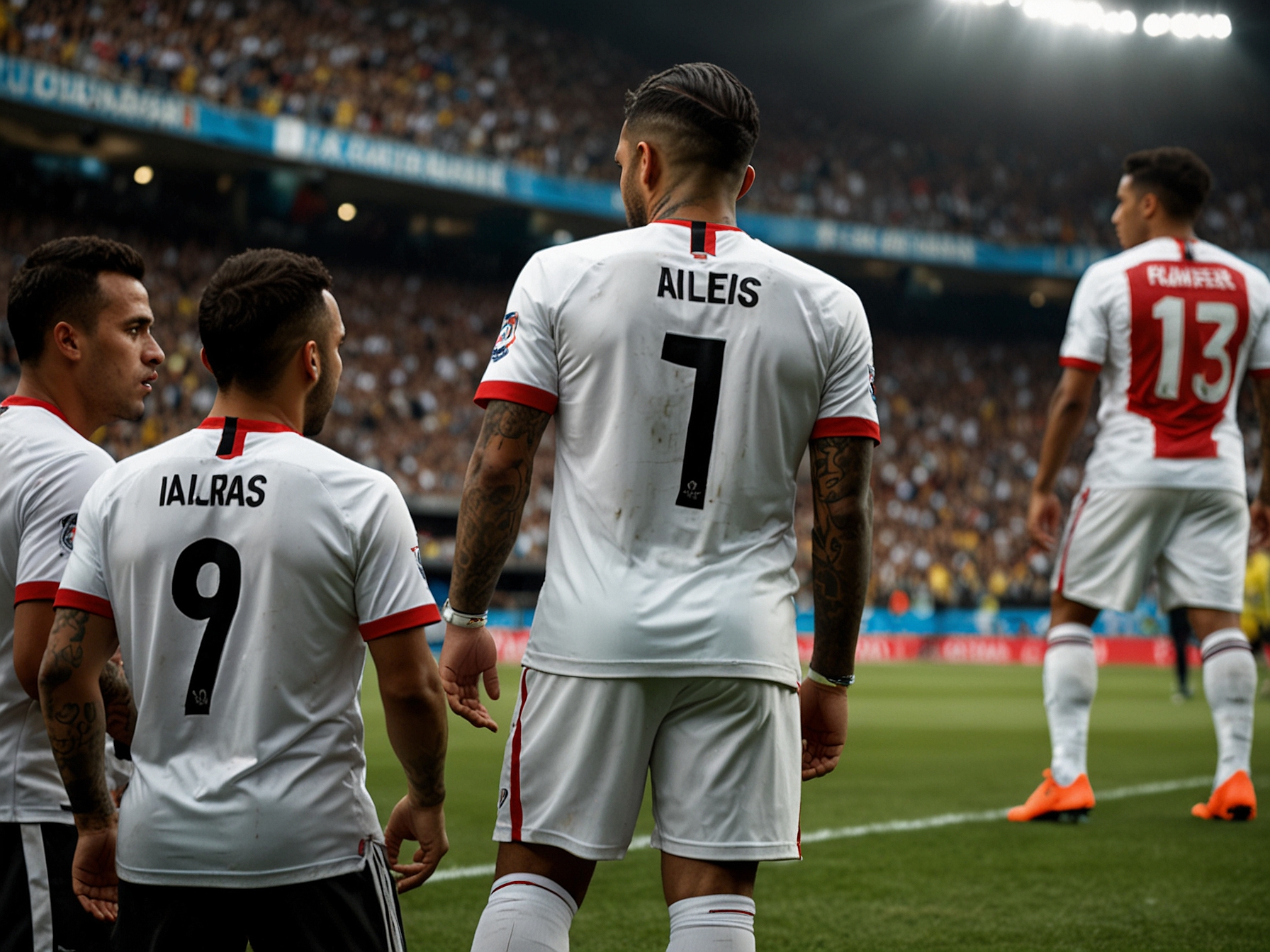 A tense moment during a Brasileiro match with Sao Paulo players, including Dani Alves, strategizing on the field. The crowd is highly engaged, showing their unwavering support for the home team.