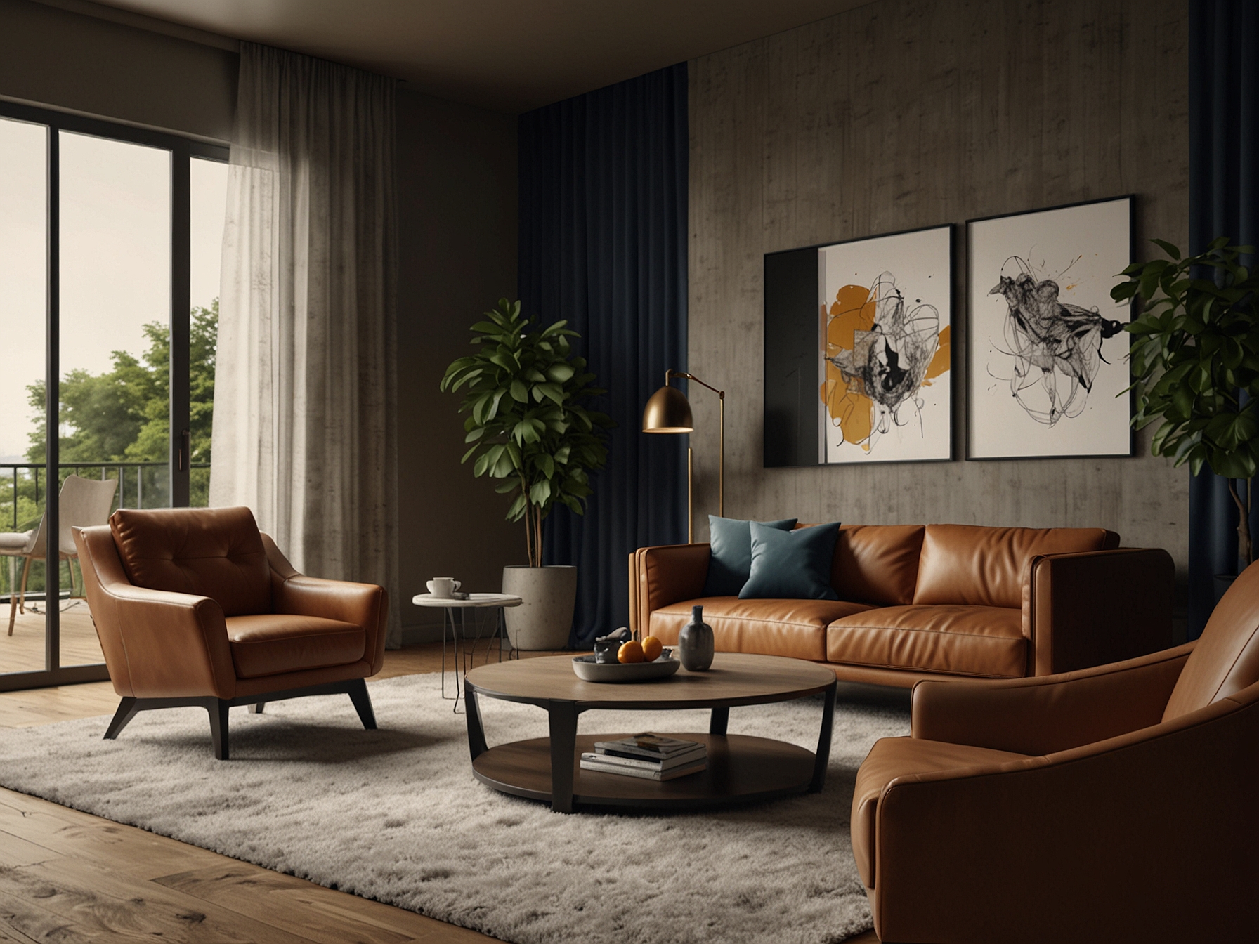 A living room setup with a luxurious recliner, modern ergonomic chairs, and a stylish coffee table, perfect for enjoying the World Cup finals in comfort and style.