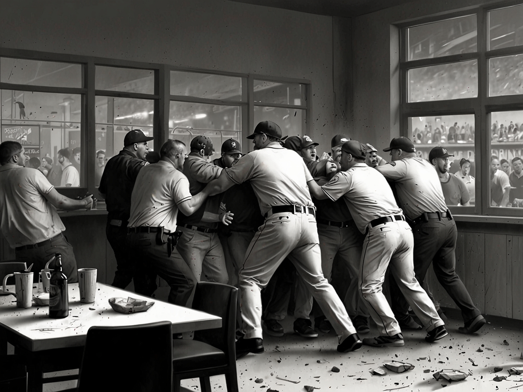 Scene of chaos at an MLB game where fans engaged in a violent brawl after an altercation involving nachos. Security personnel are seen attempting to control the situation.