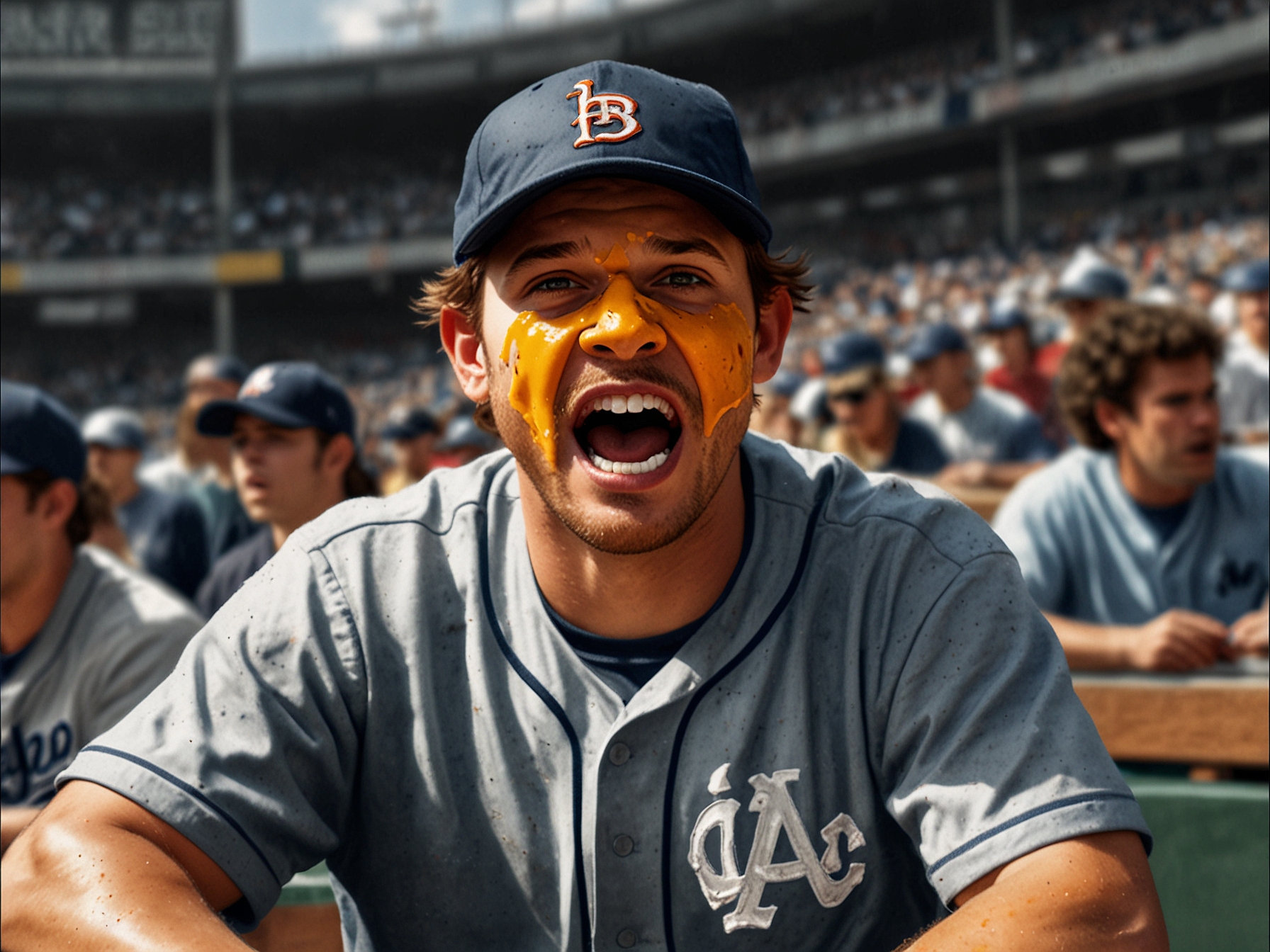 A distressed fan with nacho cheese smeared on their face amid a brawl in the stands at an MLB game, capturing the intensity and unexpected turn of events.