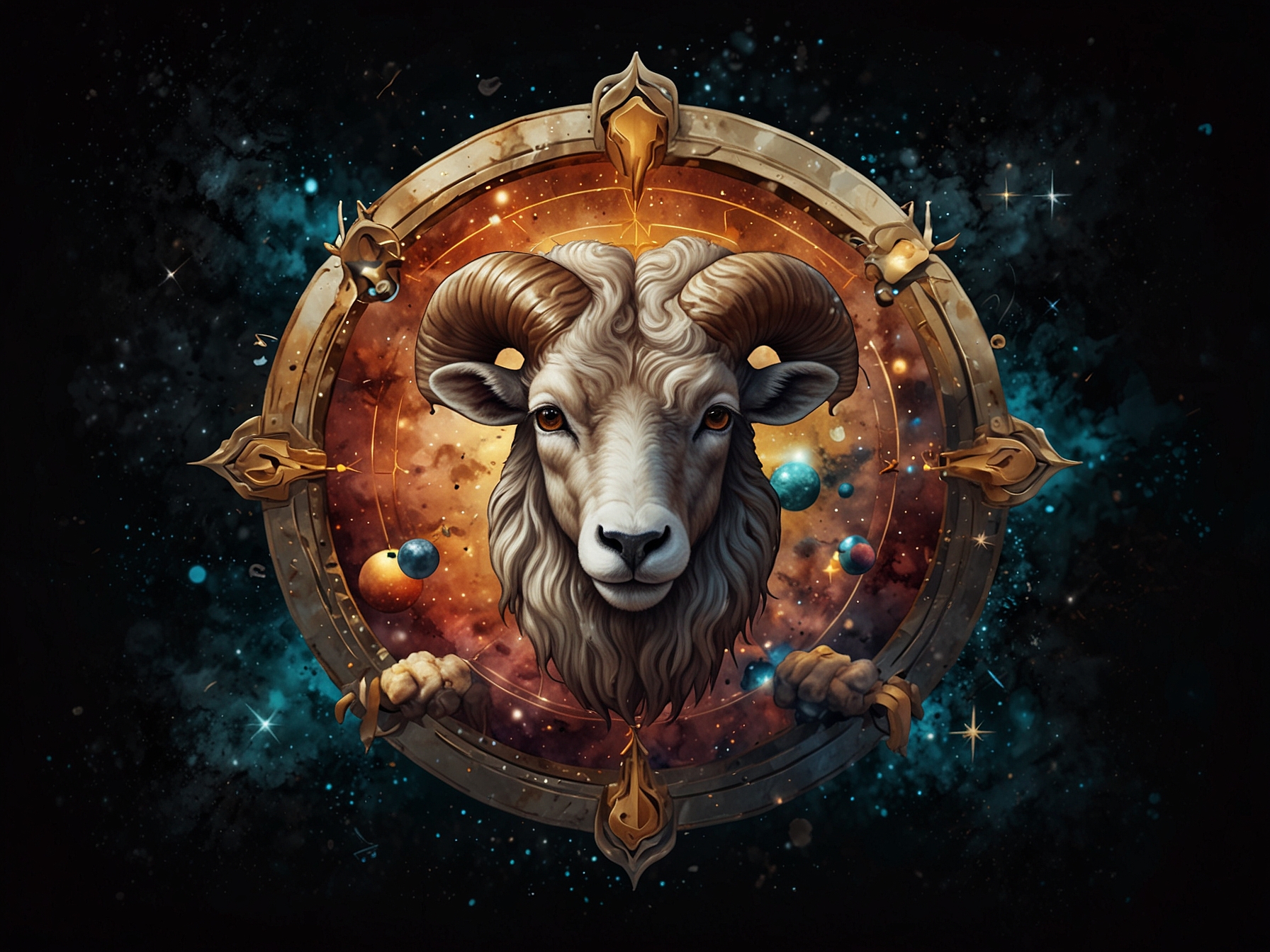 An Aries symbol surrounded by cosmic elements illustrating the universe's influence, encouraging patience and adaptability amidst unforeseen changes.