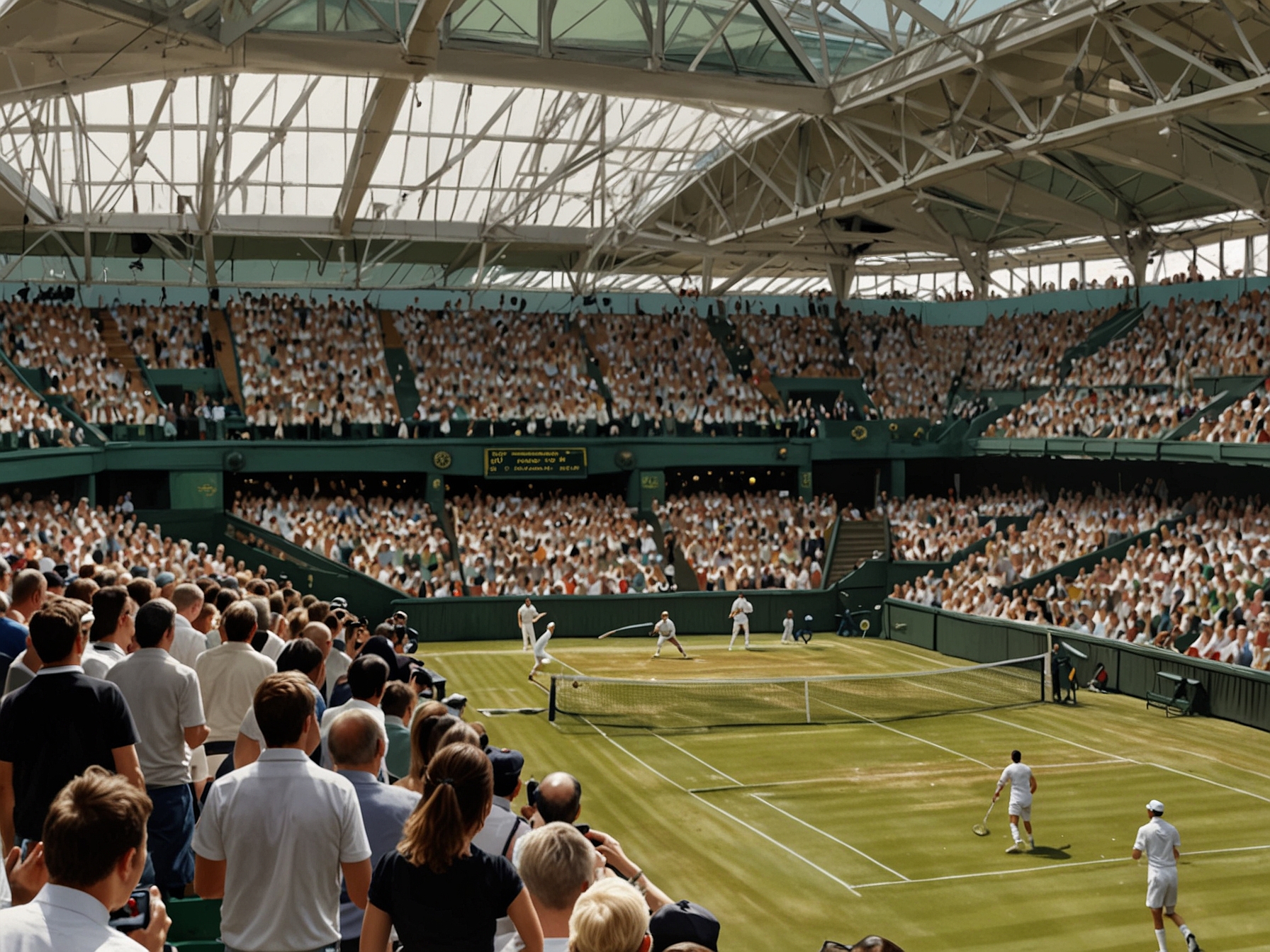 A packed Wimbledon Centre Court with players competing in the men's singles final, showcasing the high-stakes atmosphere and the lucrative £2.35 million prize for the champion.
