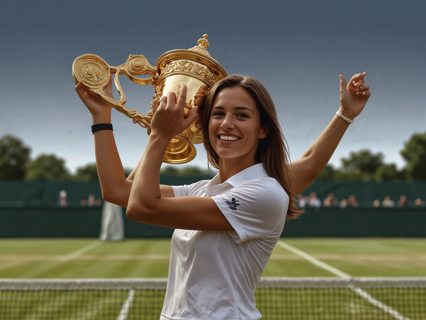 A victorious women’s singles champion holding the Wimbledon trophy, symbolizing the tournament's dedication to equal prize money and the significant financial reward of £2.35 million.