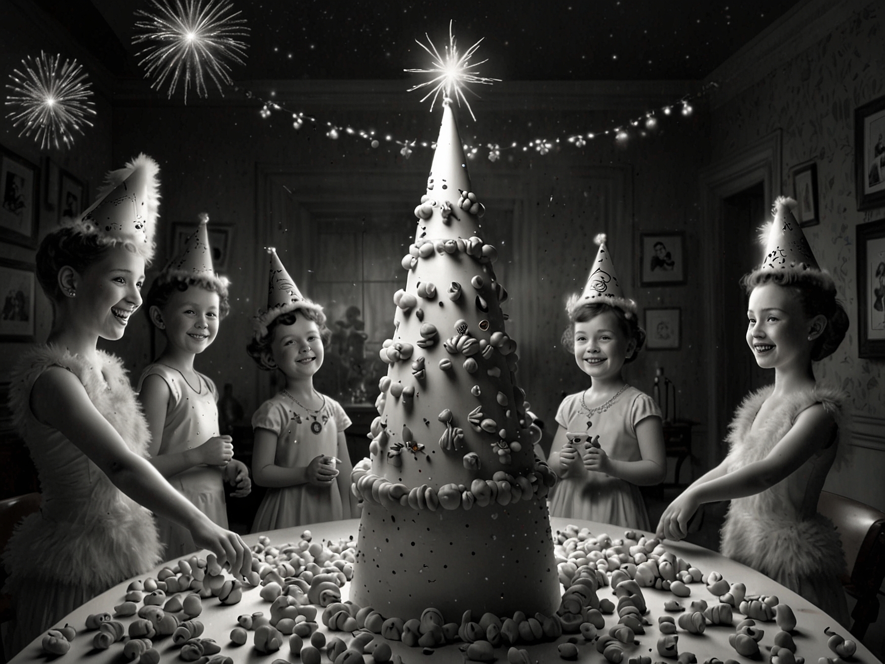 An image showing Lucy with a party hat, surrounded by Peanuts characters, celebrating New Year's Eve. The scene captures the joyful atmosphere of 'Snoopy Presents: For Auld Lang Syne'.