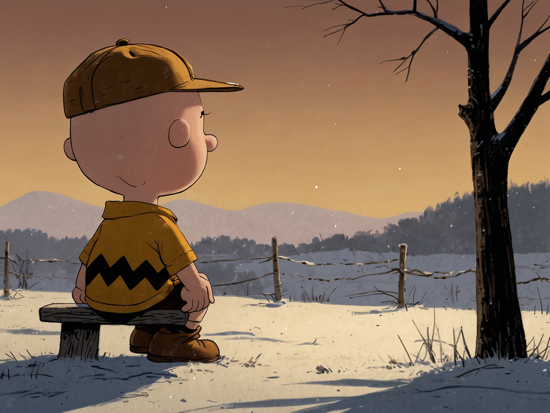 A screenshot of Charlie Brown looking thoughtful, perhaps pondering his New Year's resolution. The image highlights the character's storyline of finding confidence in the special.