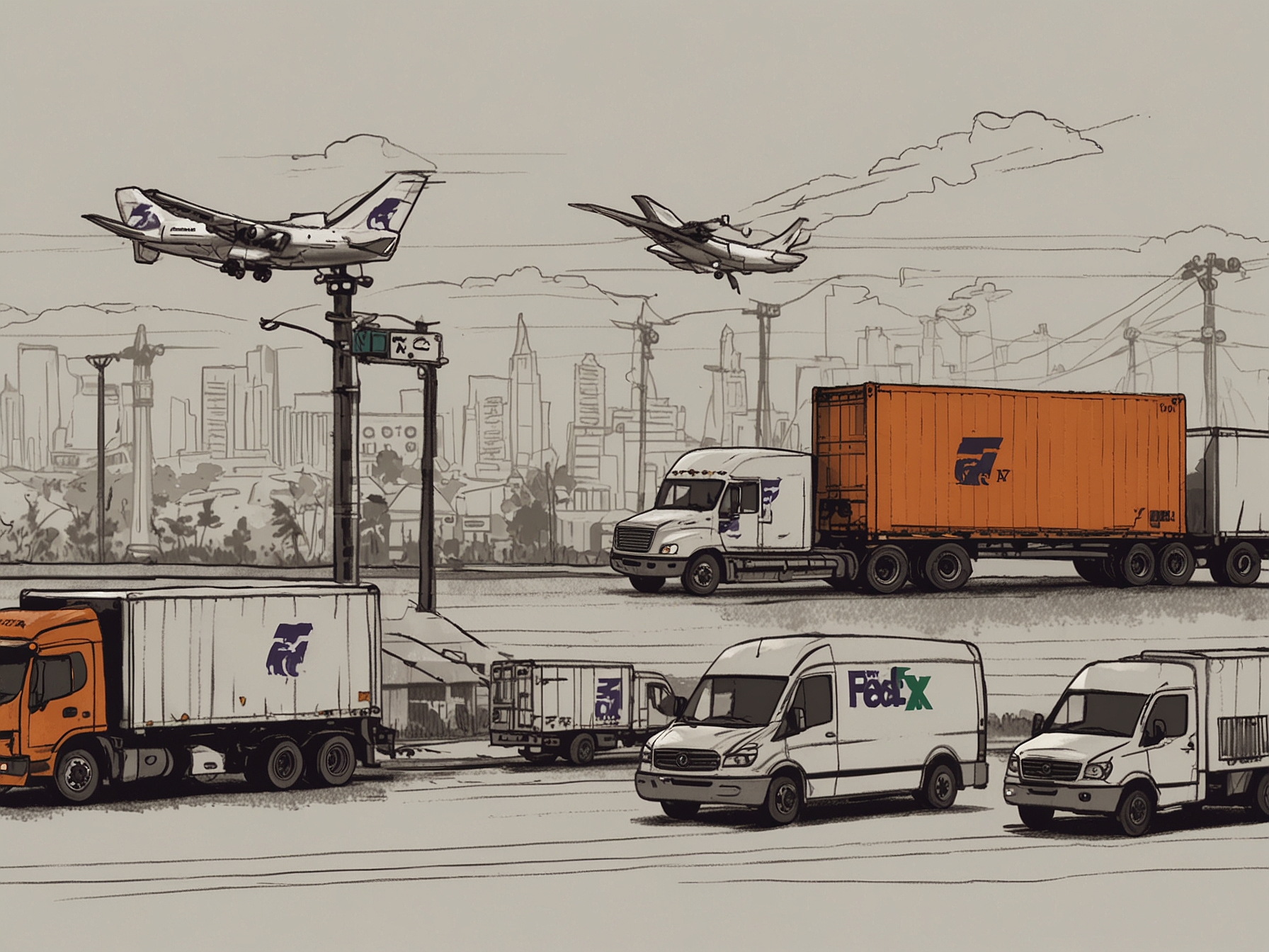 Illustration of FedEx's logistics network improvement with icons representing e-commerce, electric vehicles, and supply chain optimization, emphasizing sustainability and technological advancements.