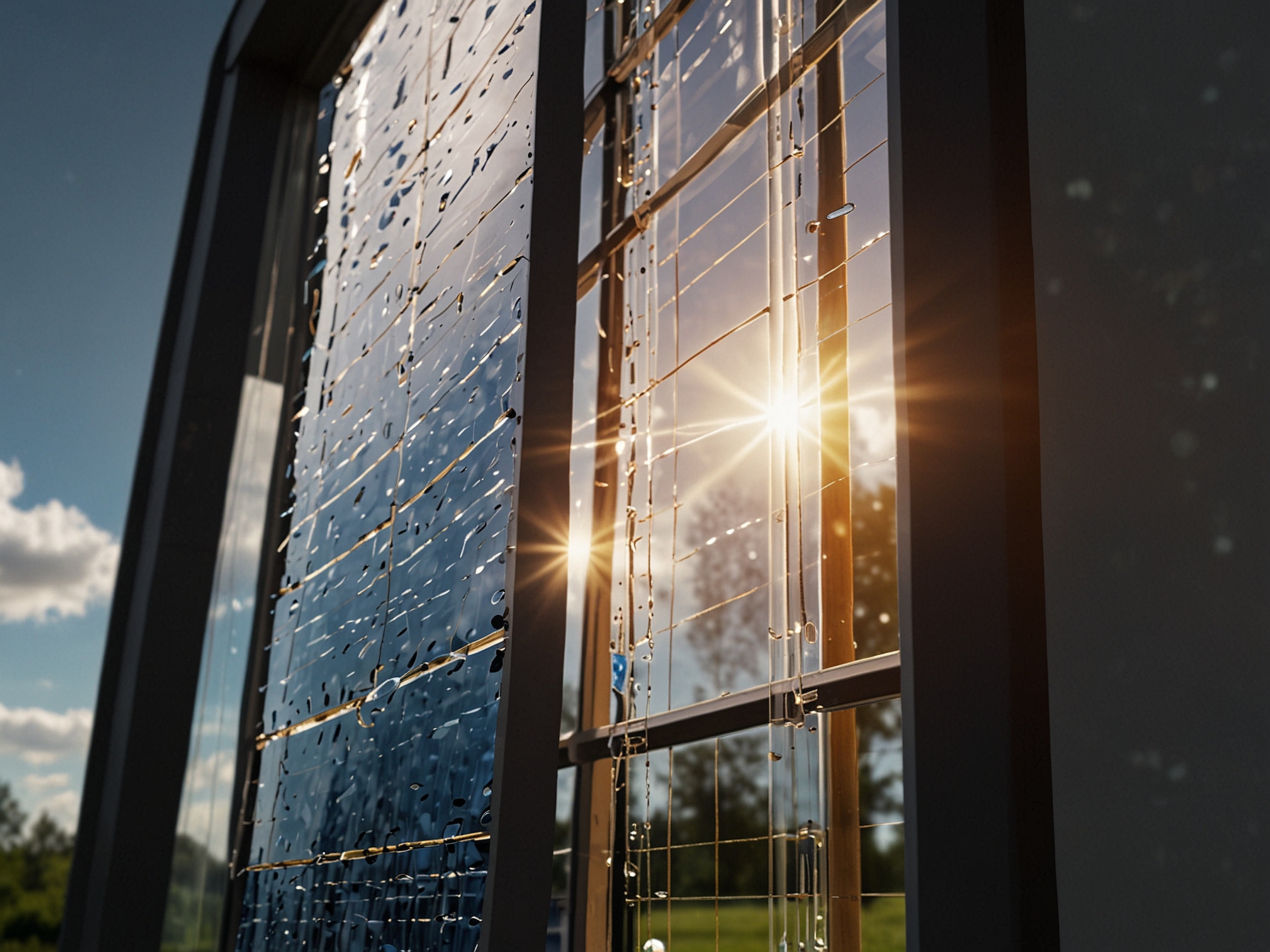 Close-up of ClearVue's solar windows embedded with microscopic solar cells, capturing sunlight and converting it into electricity without obstructing the view or altering the glass's appearance.