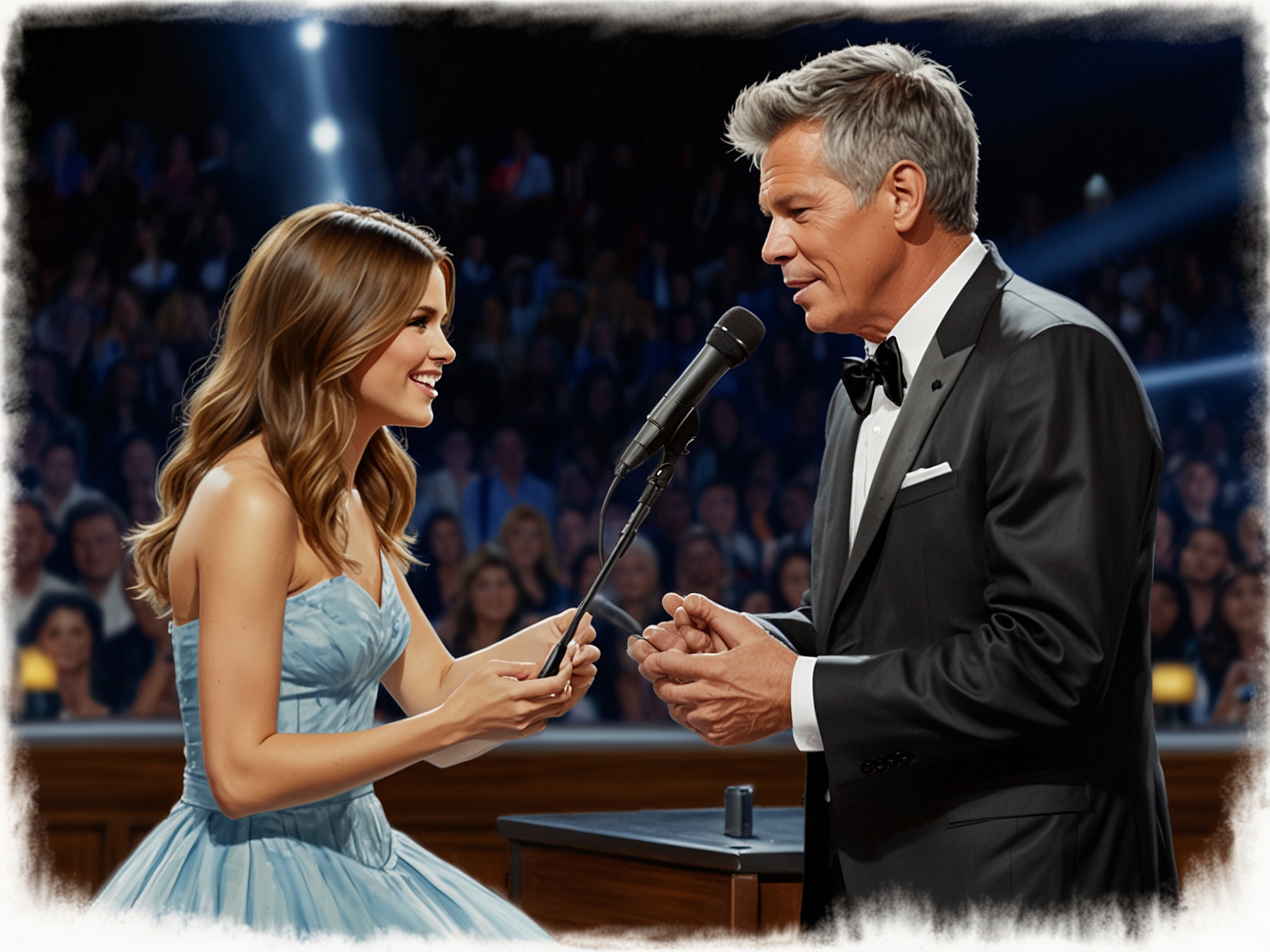 David Foster can be seen mentoring a young Katherine McPhee on the American Idol stage, during a pivotal moment where the controversial comment was made, sparking recent outrage.