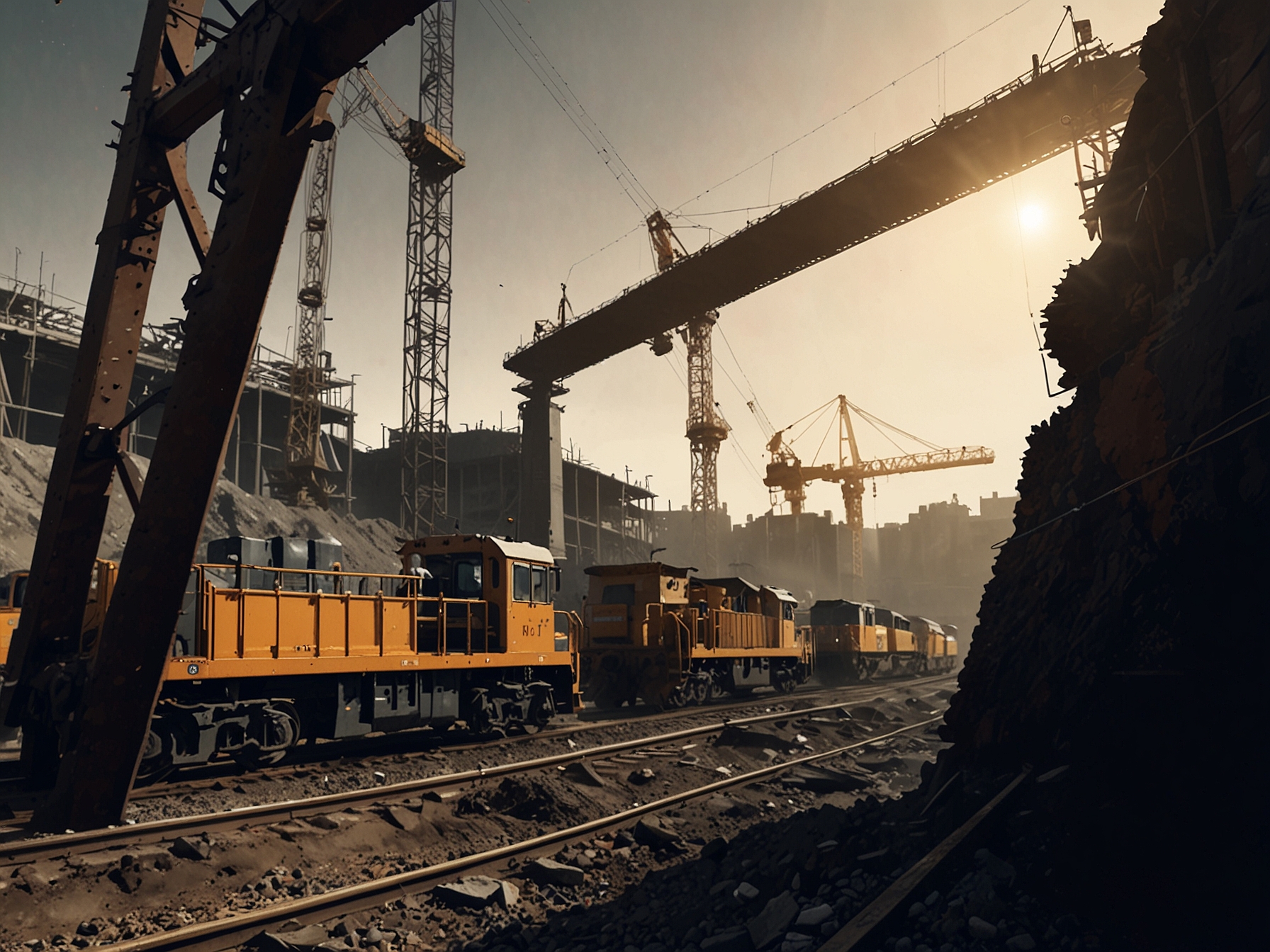 The image captures a bustling railway construction site, symbolizing RVNL's ongoing projects and success in securing high-value contracts, contributing to its recent stock price increase.
