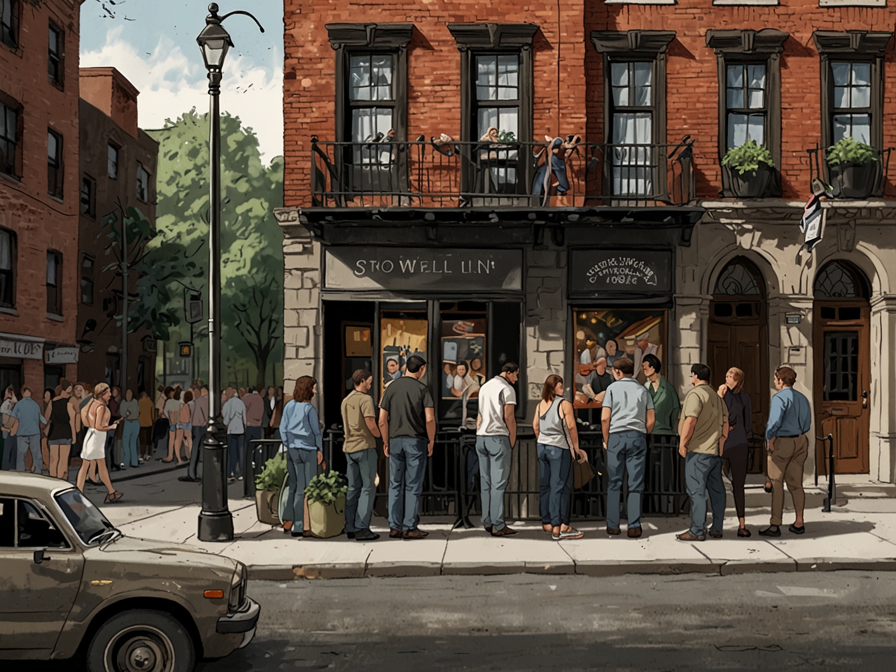 Visitors gather outside the historic Stonewall Inn in Greenwich Village, Manhattan, part of the Stonewall National Monument, a landmark honoring the 1969 LGBTQ+ rights movement.