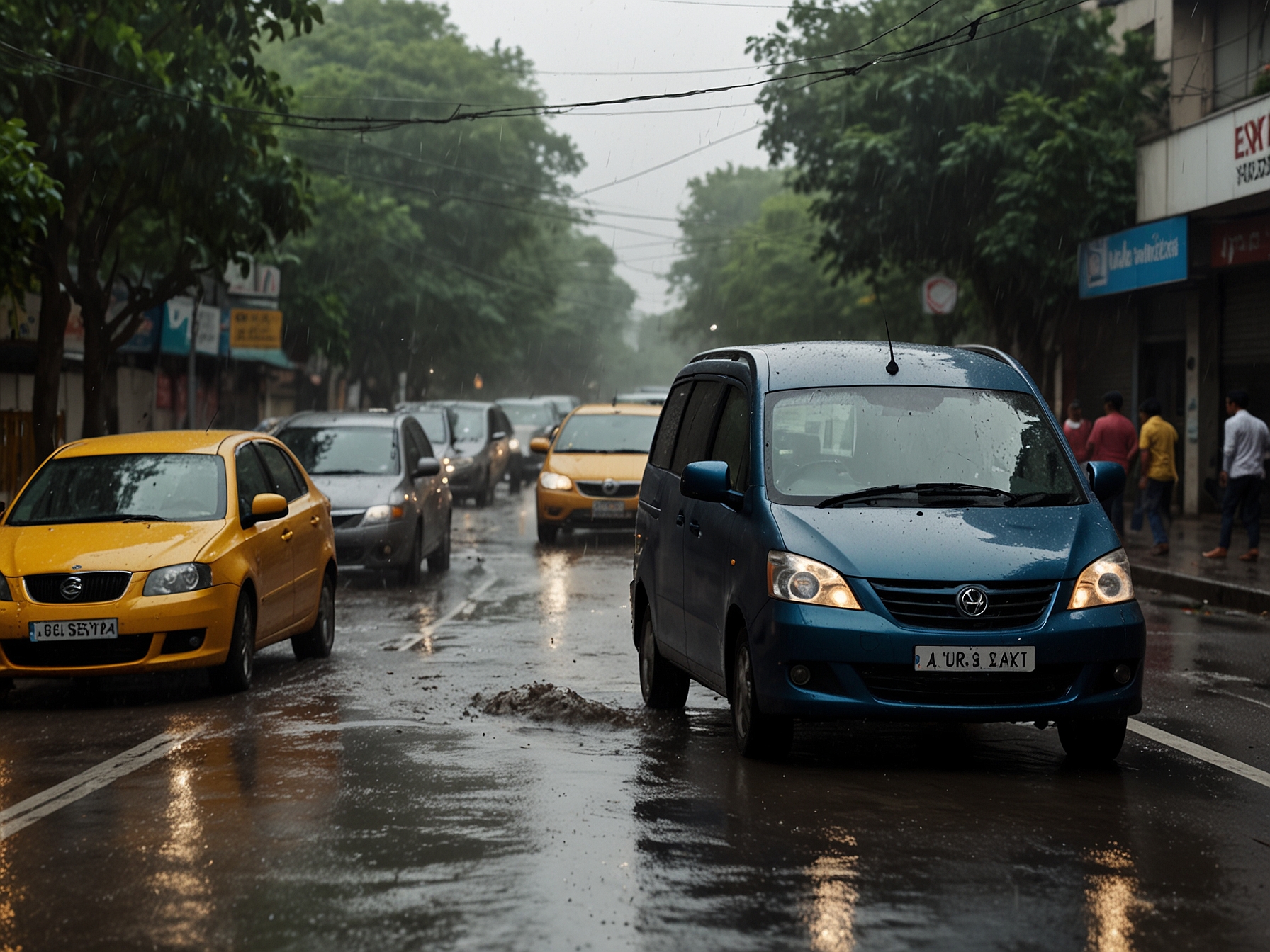 Delhi streets experiencing heavy waterlogging and traffic snarls as the city grapples with torrential downpours following the IMD's yellow weather alert.