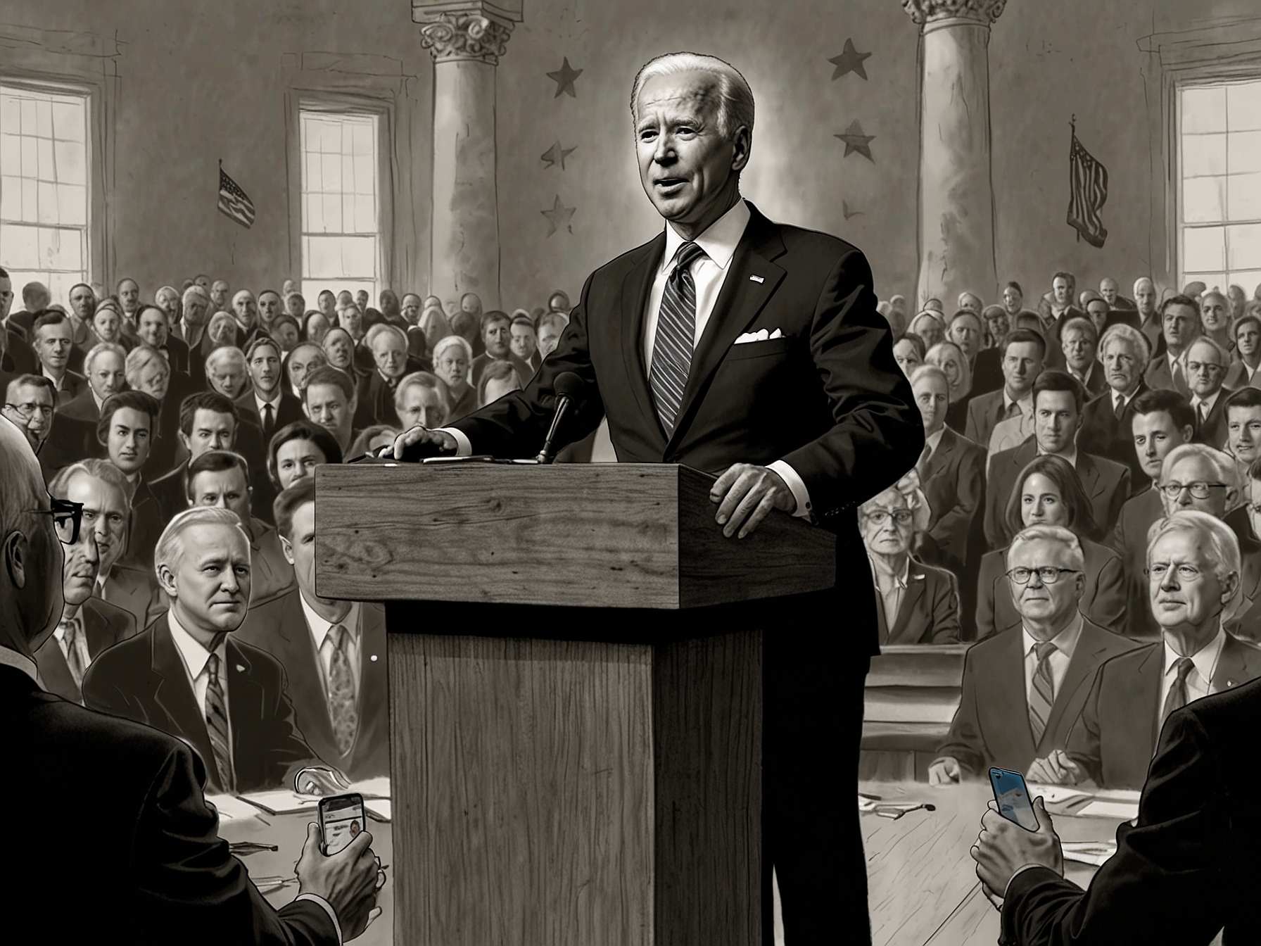 An image depicting President Joe Biden addressing supporters, symbolizing the recent surge in campaign donations following Trump's conviction, highlighting the campaign’s momentum.