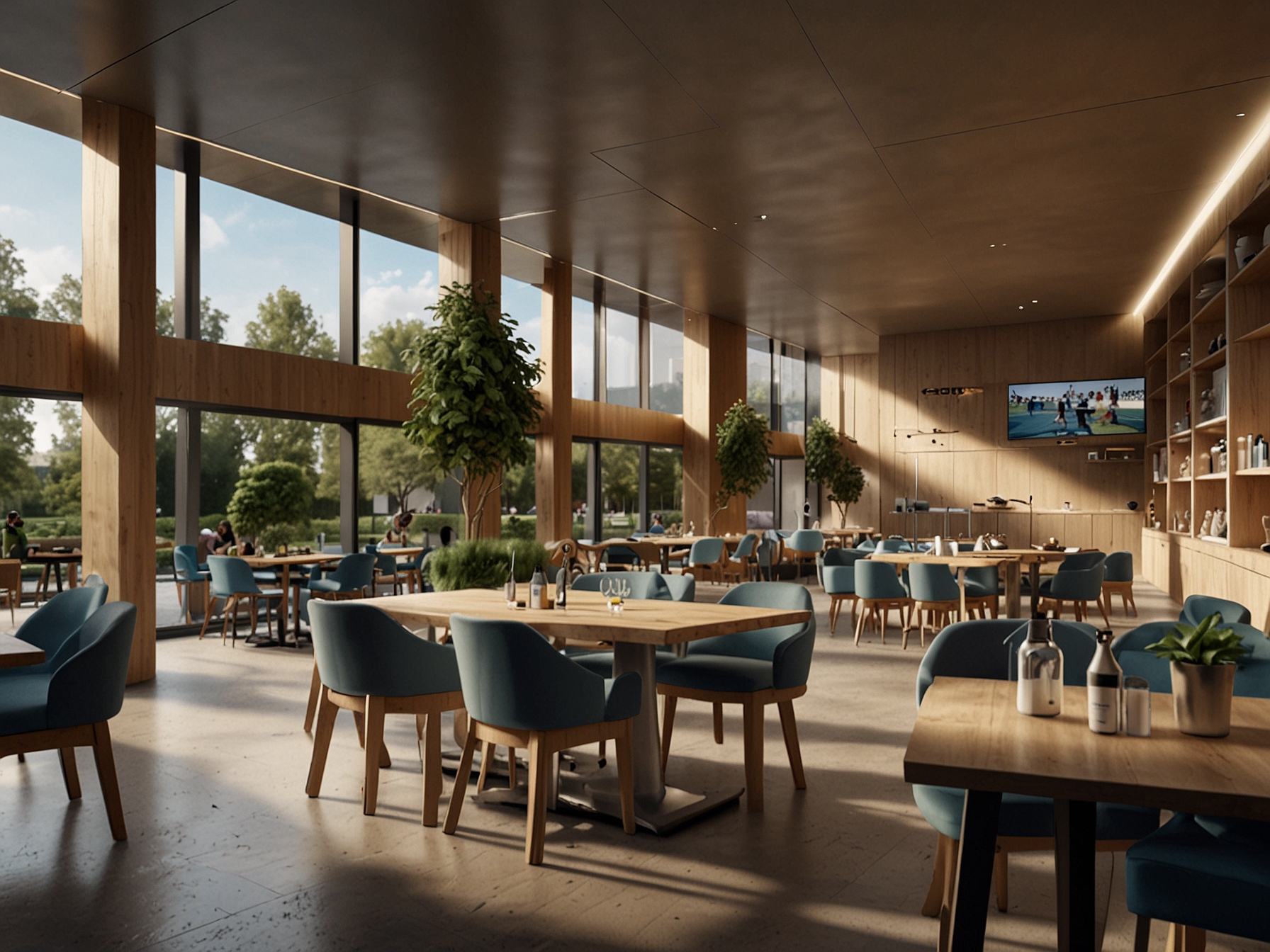 An artist's rendering of Accor's Athlete's Village for Paris 2024, showcasing nutrition-focused dining, physical therapy rooms, and recreational areas designed for athlete rejuvenation.