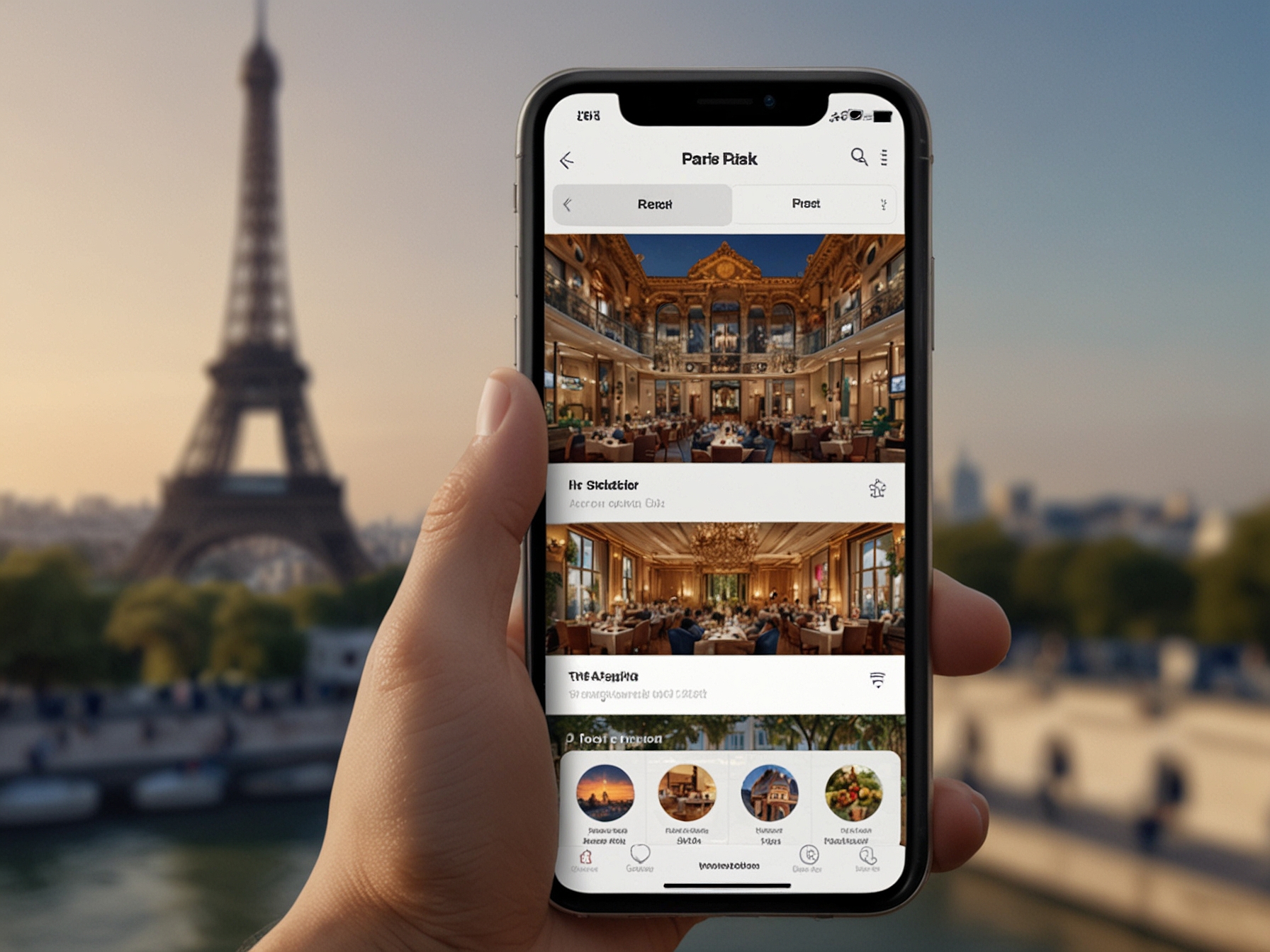 A preview of Accor's custom app for Paris 2024 attendees, featuring real-time event updates, personalized dining and sightseeing recommendations, and user-friendly interface.