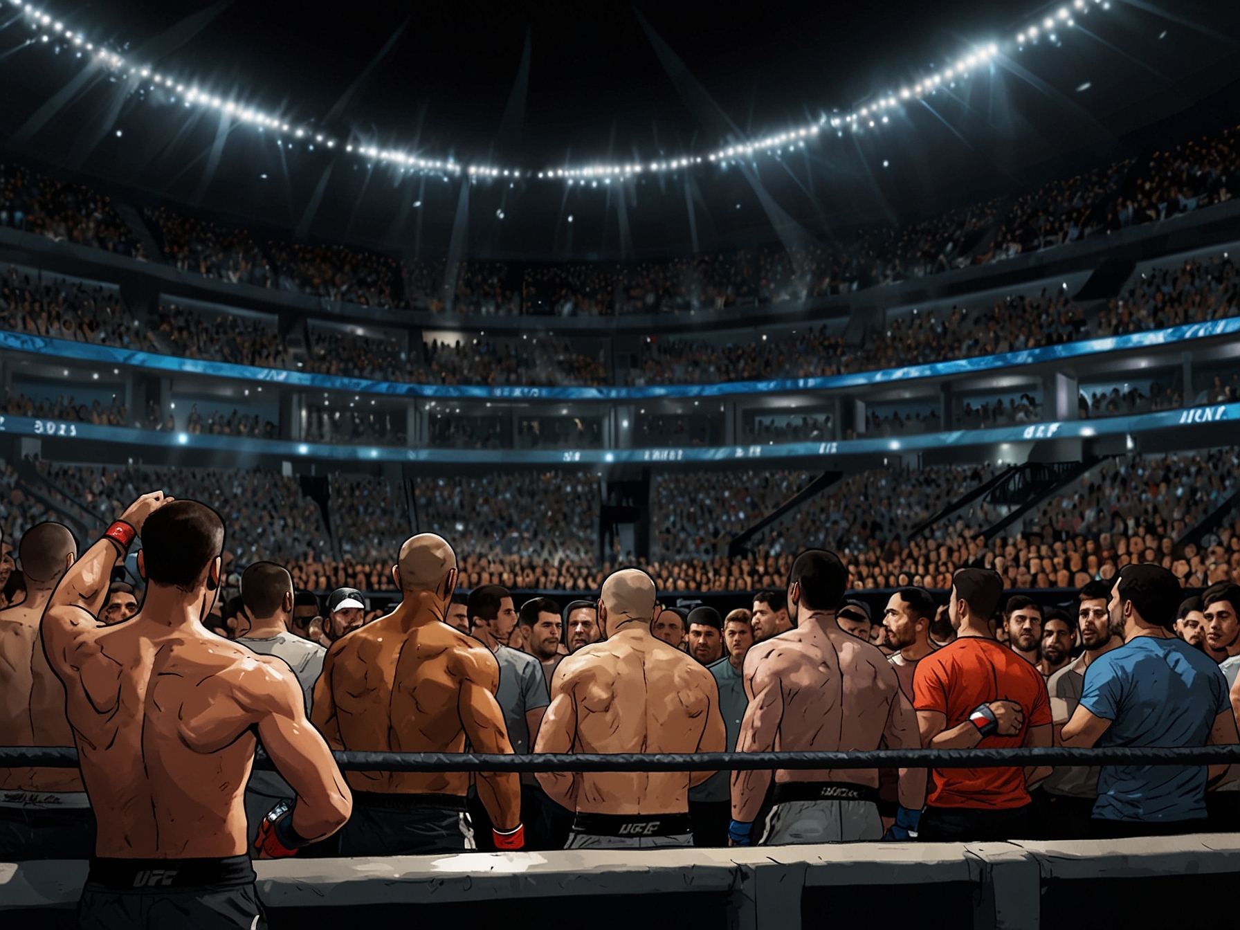 An animated crowd at a grand arena in Abu Dhabi, emphasizing the excitement and anticipation for Khamzat Chimaev's potential return to the Octagon in the upcoming UFC event.