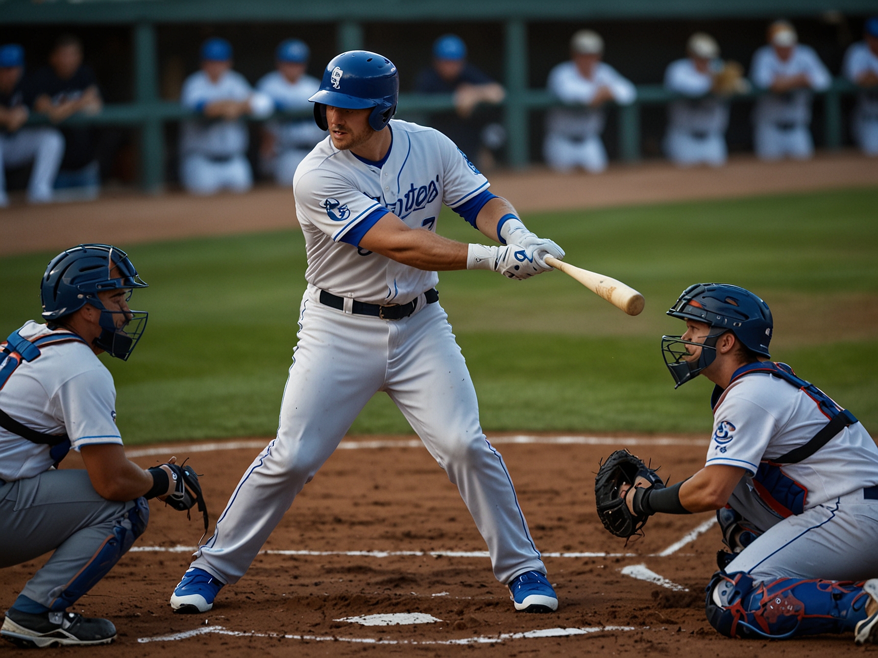 Matt Wallner, mid-swing at the plate, showcasing improved mechanics that have led to his resurgence with the St. Paul Saints. The background includes supportive teammates and coaching staff.