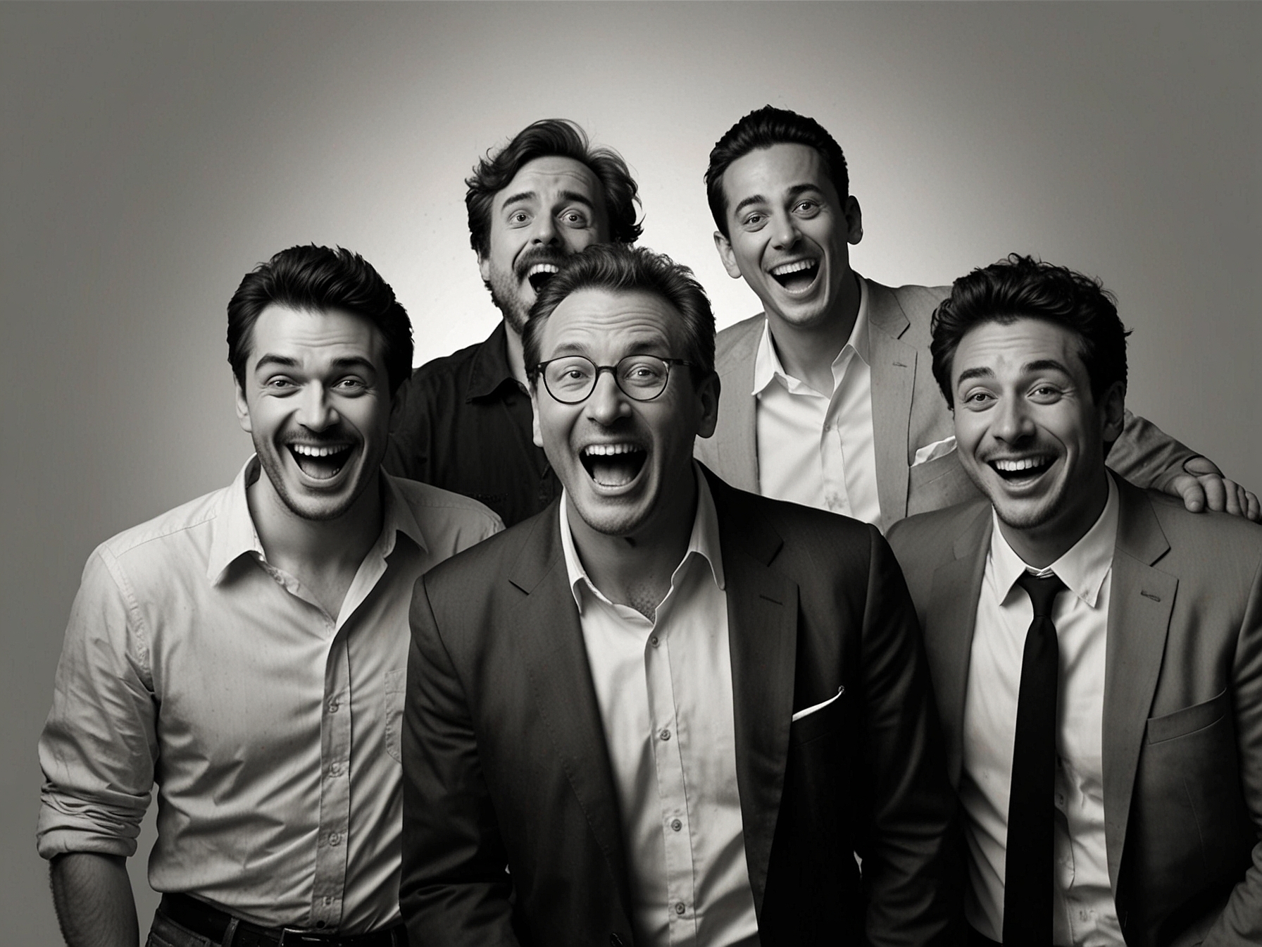 A group of comedians in the LOL: Last One Laughing Italy studio, each trying to keep a straight face while another performs a hilarious act to make them laugh.