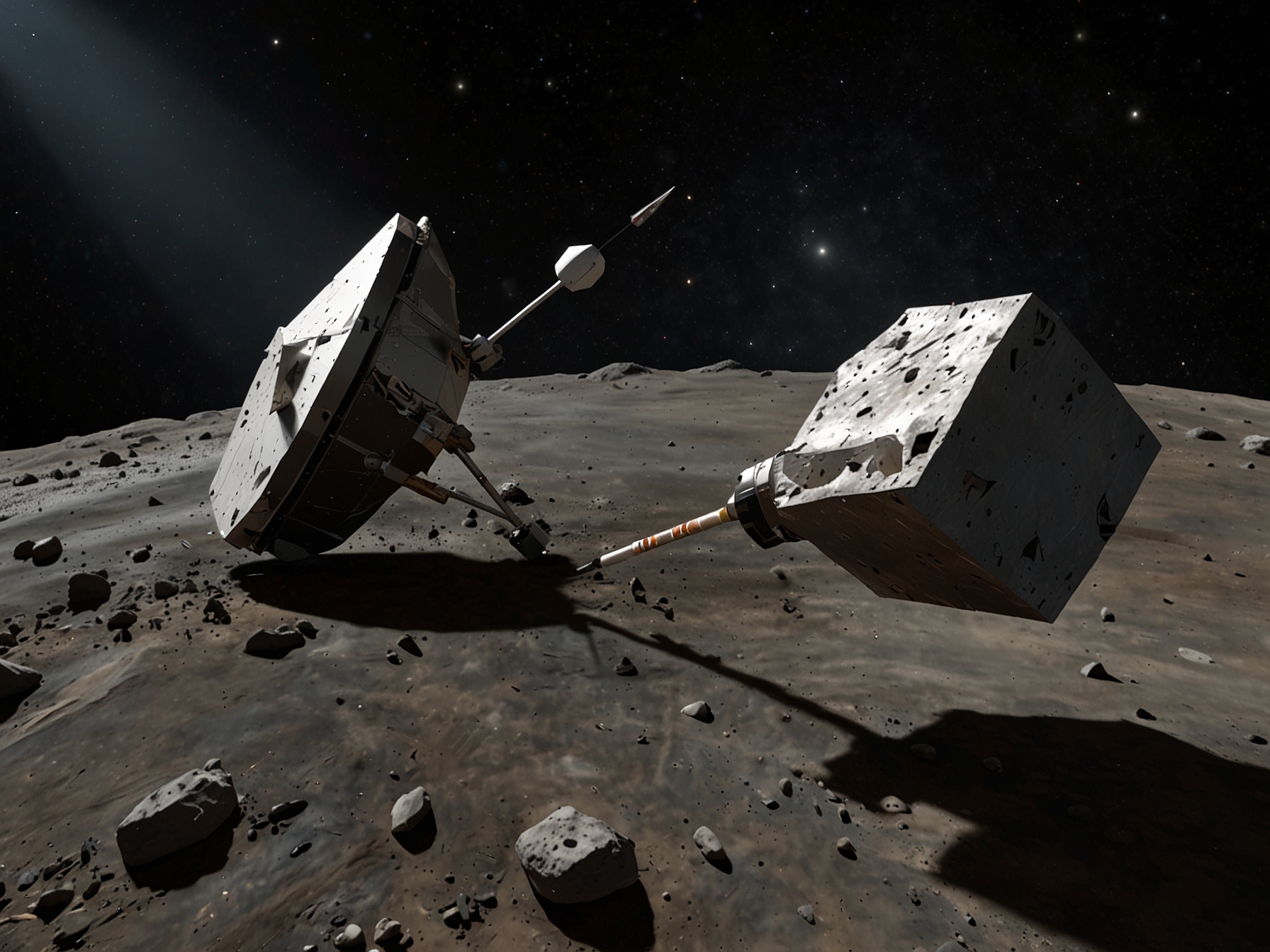 An artist's impression of the OSIRIS-REx spacecraft collecting a sample from asteroid Bennu, showcasing the meticulous process of retrieving ancient cosmic materials for study.