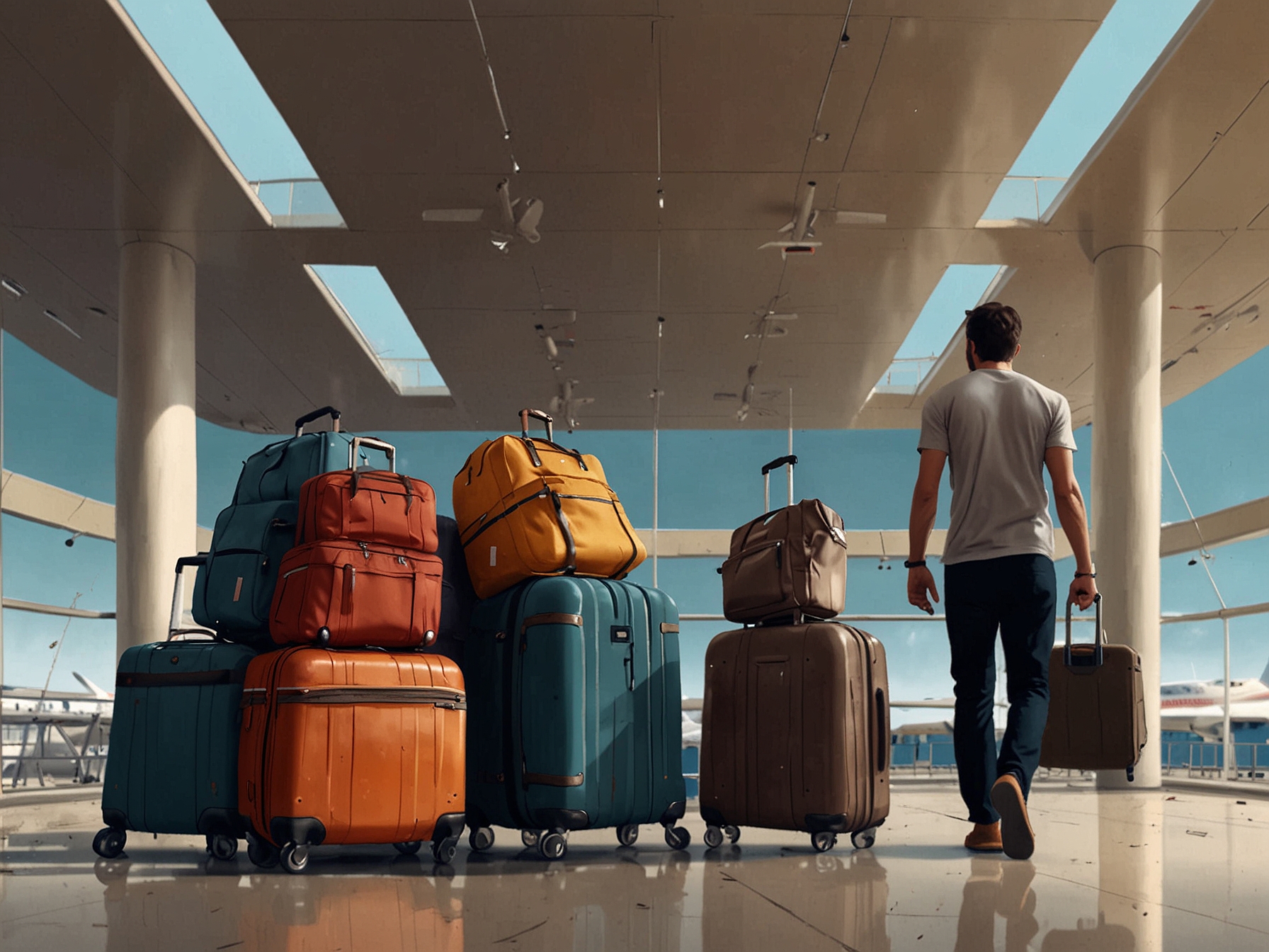 A traveler juggles multiple overpacked suitcases at an airport, illustrating the stress and inconvenience of overpacking and the benefits of packing light.