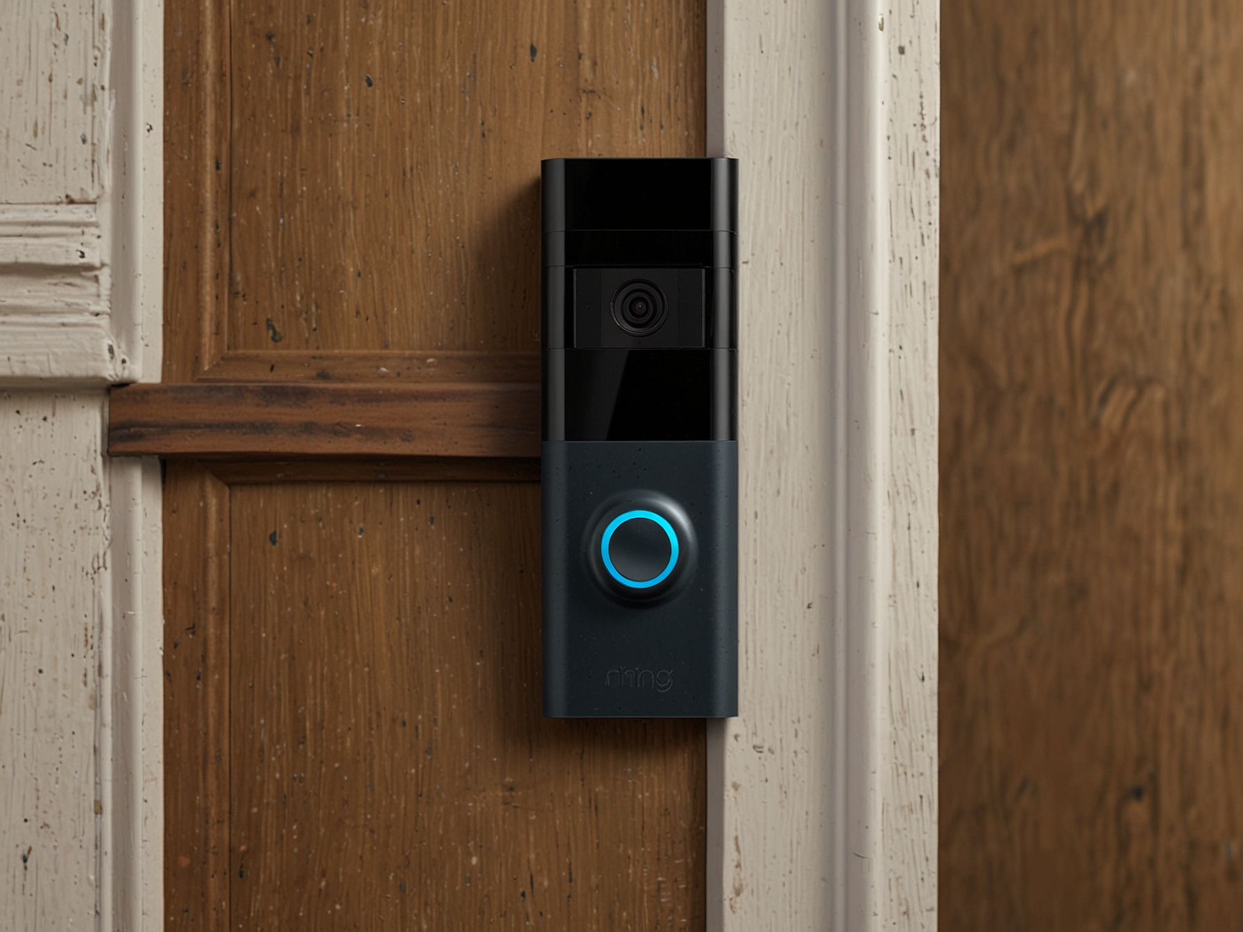 An image of a homeowner installing the Ring Video Doorbell on their front door. The 1080p high-definition camera and sleek design highlight its advanced features and easy setup.