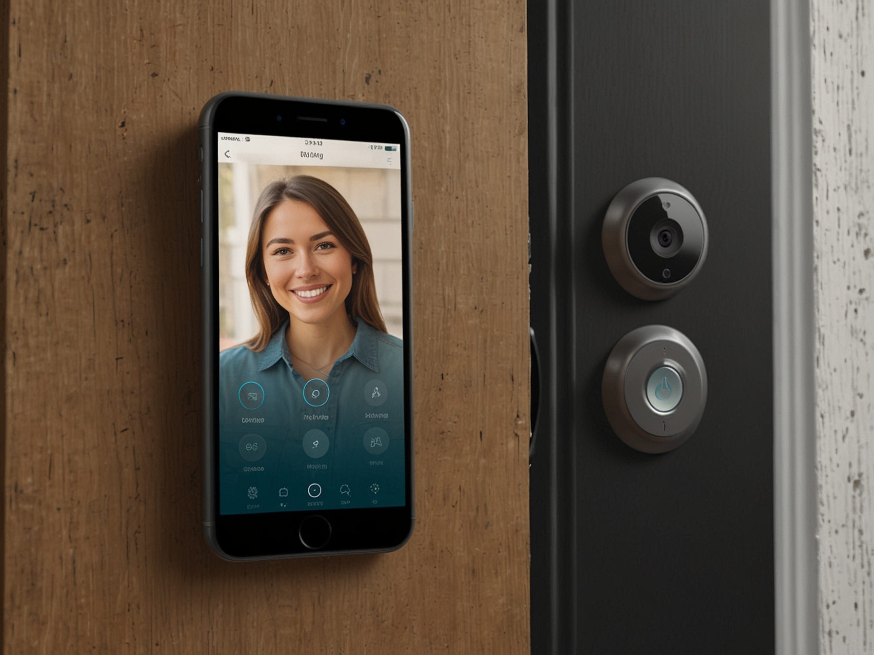 A smartphone displaying the Ring app interface with real-time notifications and live video feed from the Ring Video Doorbell. This image emphasizes the app's functionality and user convenience.
