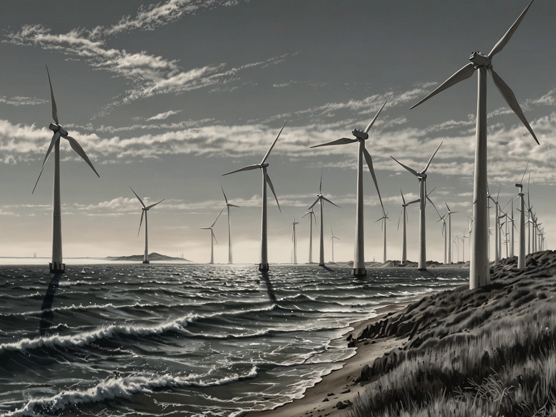 A panoramic view of Vineyard Wind 1 offshore wind farm near Martha's Vineyard, showing rows of 84 towering wind turbines harnessing the Atlantic Ocean’s wind resources.