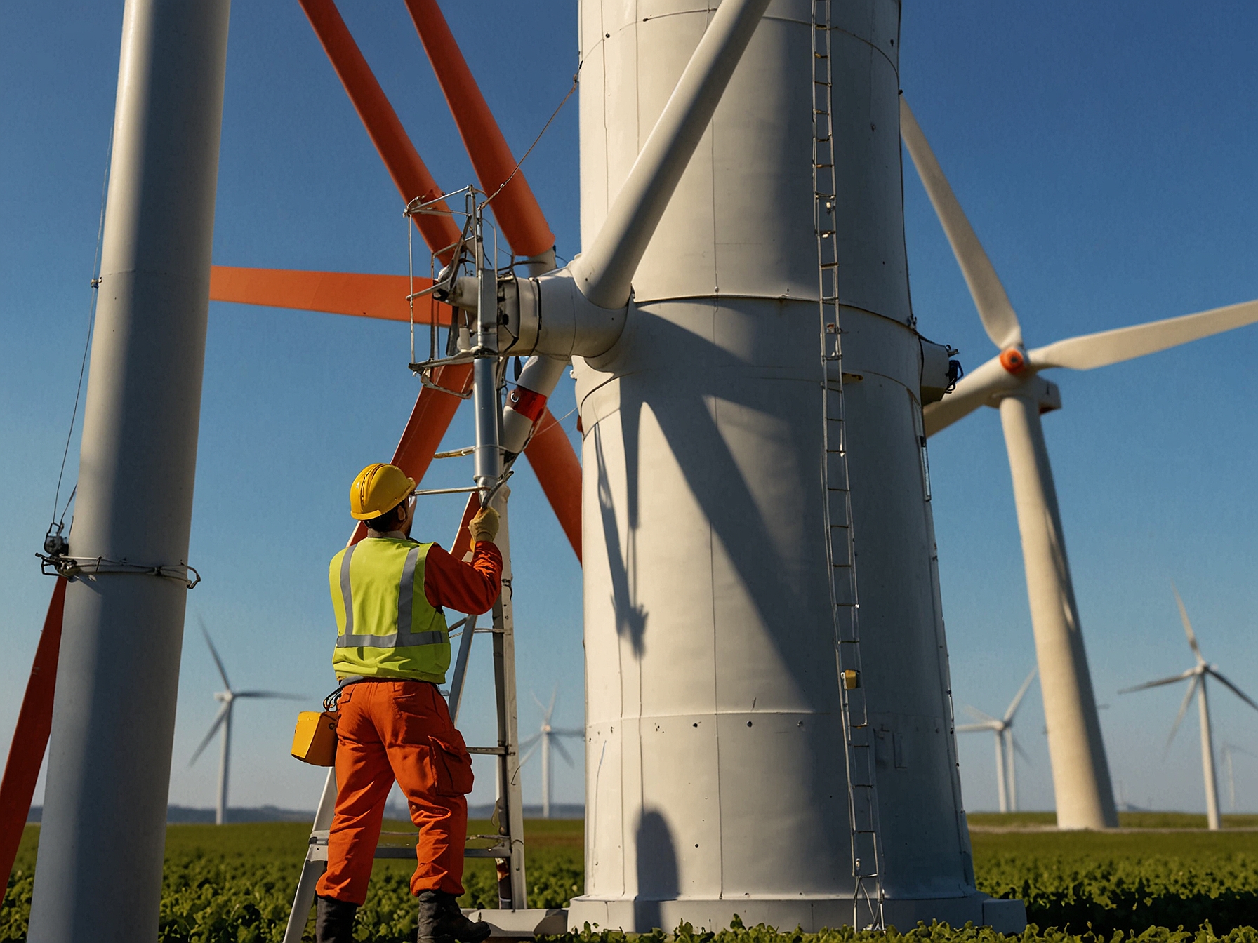 Technicians performing maintenance on one of Vineyard Wind 1’s wind turbines, illustrating the job opportunities and engineering work generated by this massive renewable energy project.