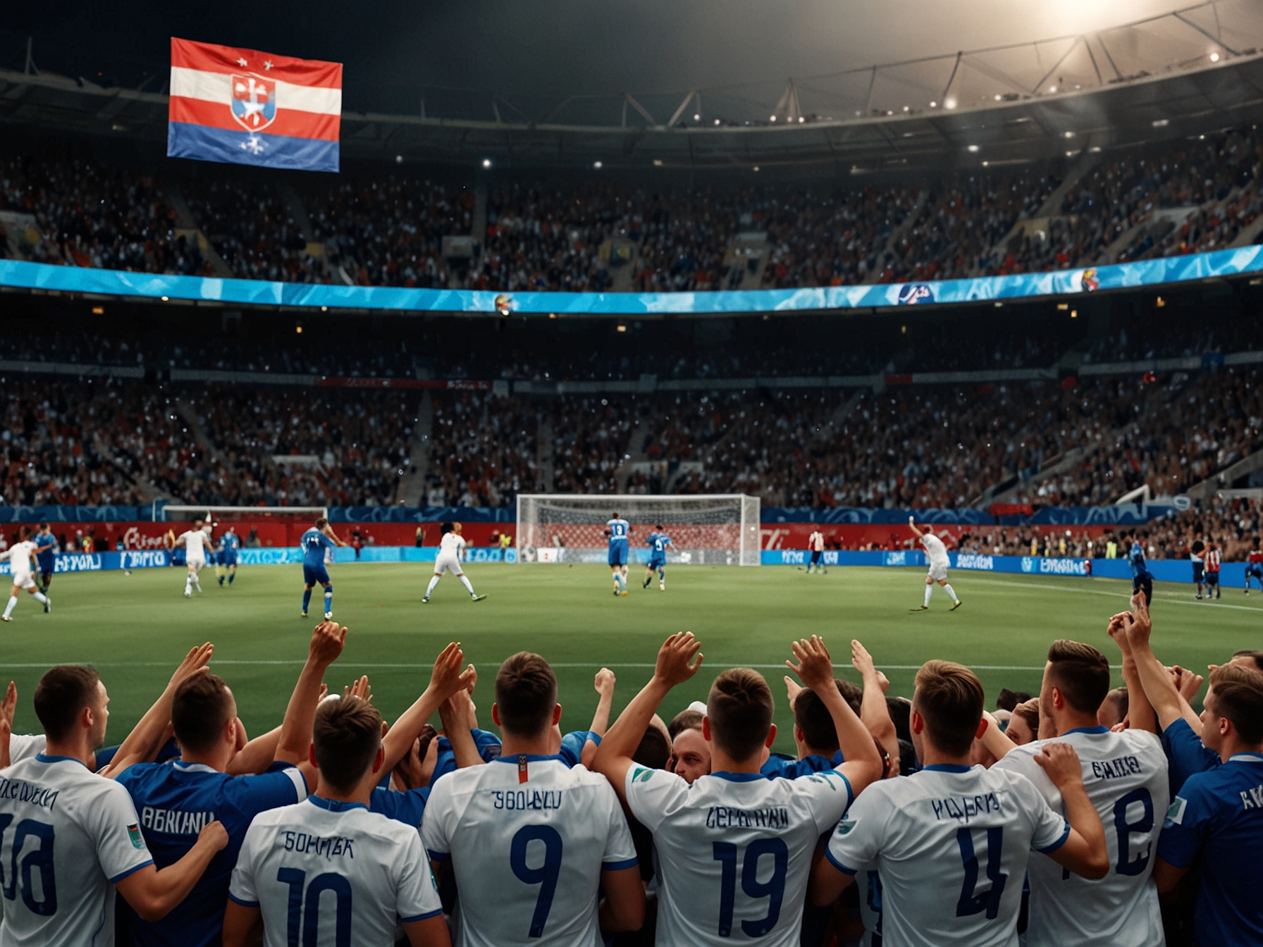 Slovakia scores their opening goal with a powerful header in the 55th minute, captured amid a sea of cheering fans and celebrating players in their classic white and blue kits.