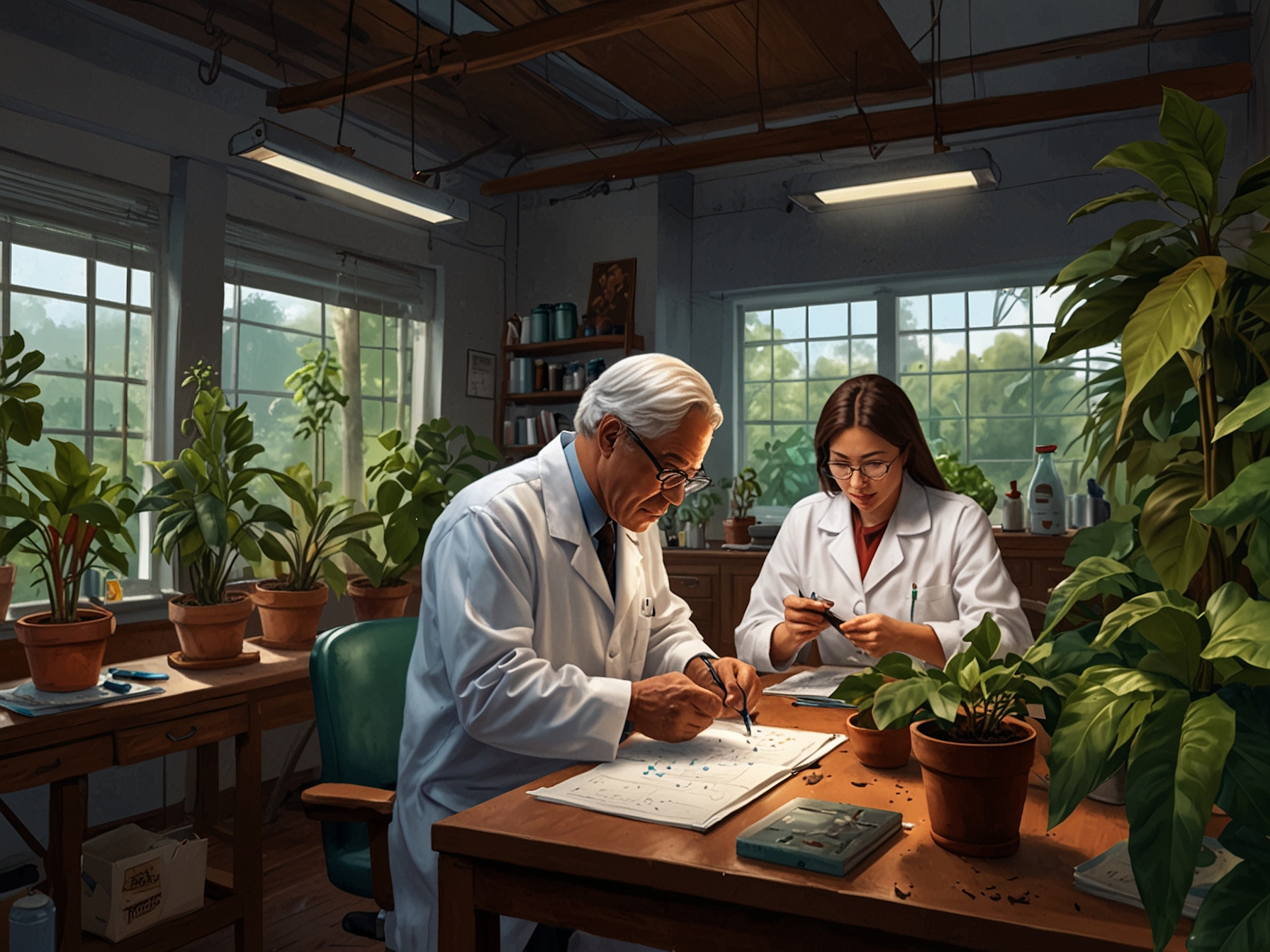 An illustration depicting scientists working in a lab, analyzing genetic data from cacao plants to create the Cacao Gene Atlas. Their efforts aim to enhance disease resistance and climate resilience in cacao trees.