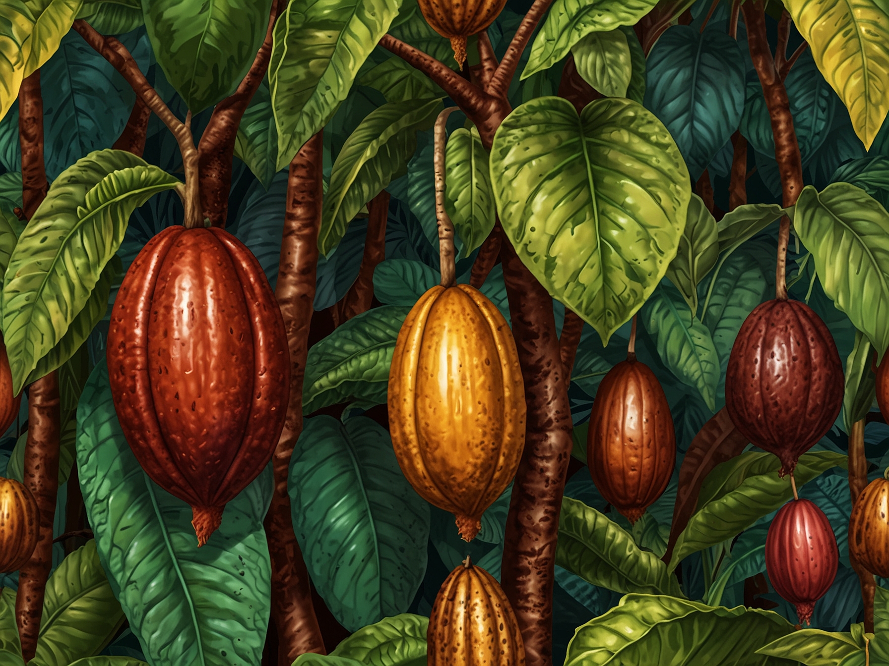 A vibrant cacao plantation with various cacao plants, highlighting different genetic traits. The image illustrates the diversity in cacao varieties, vital for breeding robust and high-quality cacao plants.