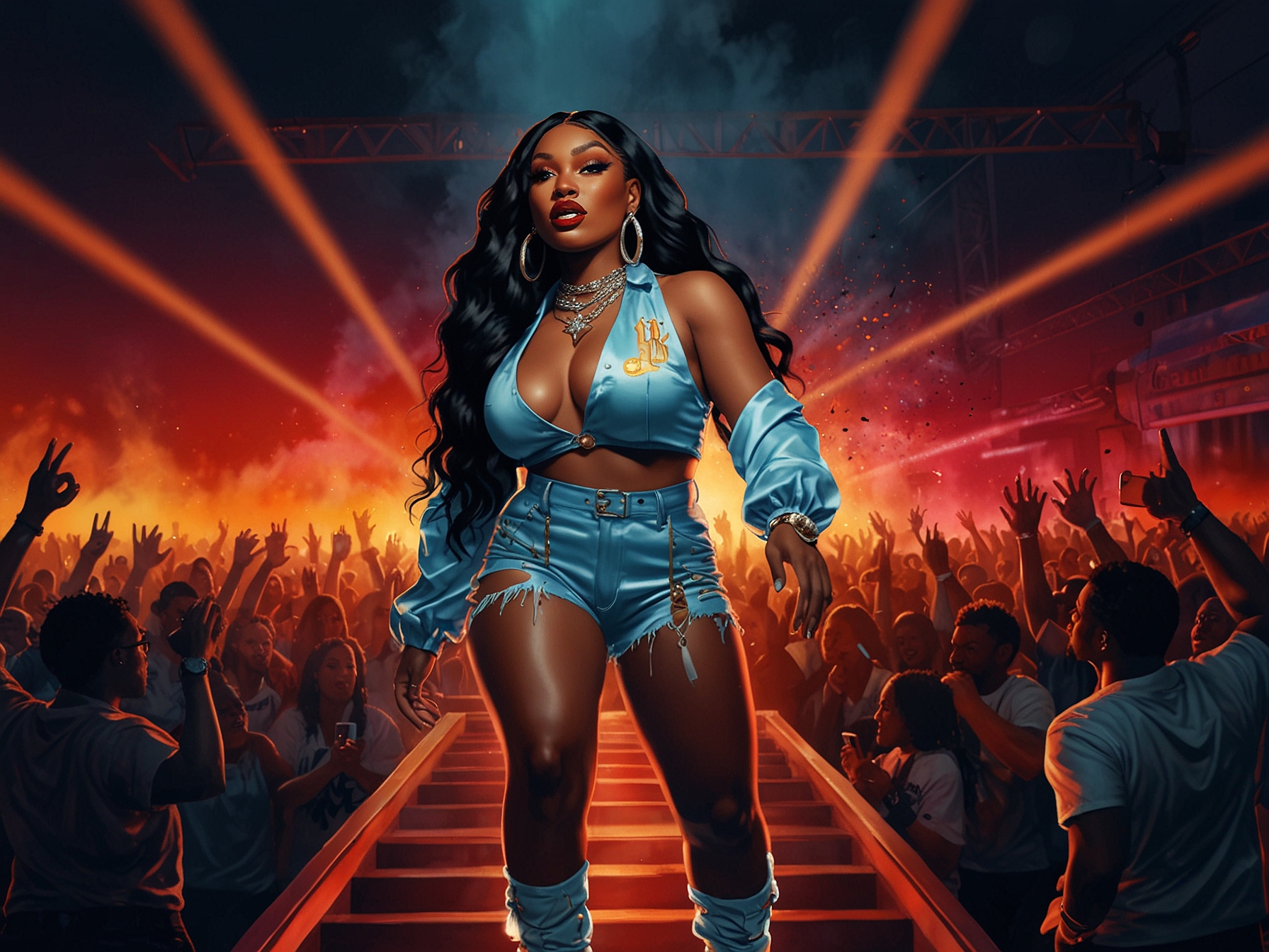 An illustration of Megan Thee Stallion performing 'Down Stairs DJ' on stage with vibrant, bold lighting that captures the song's provocative and energetic essence.