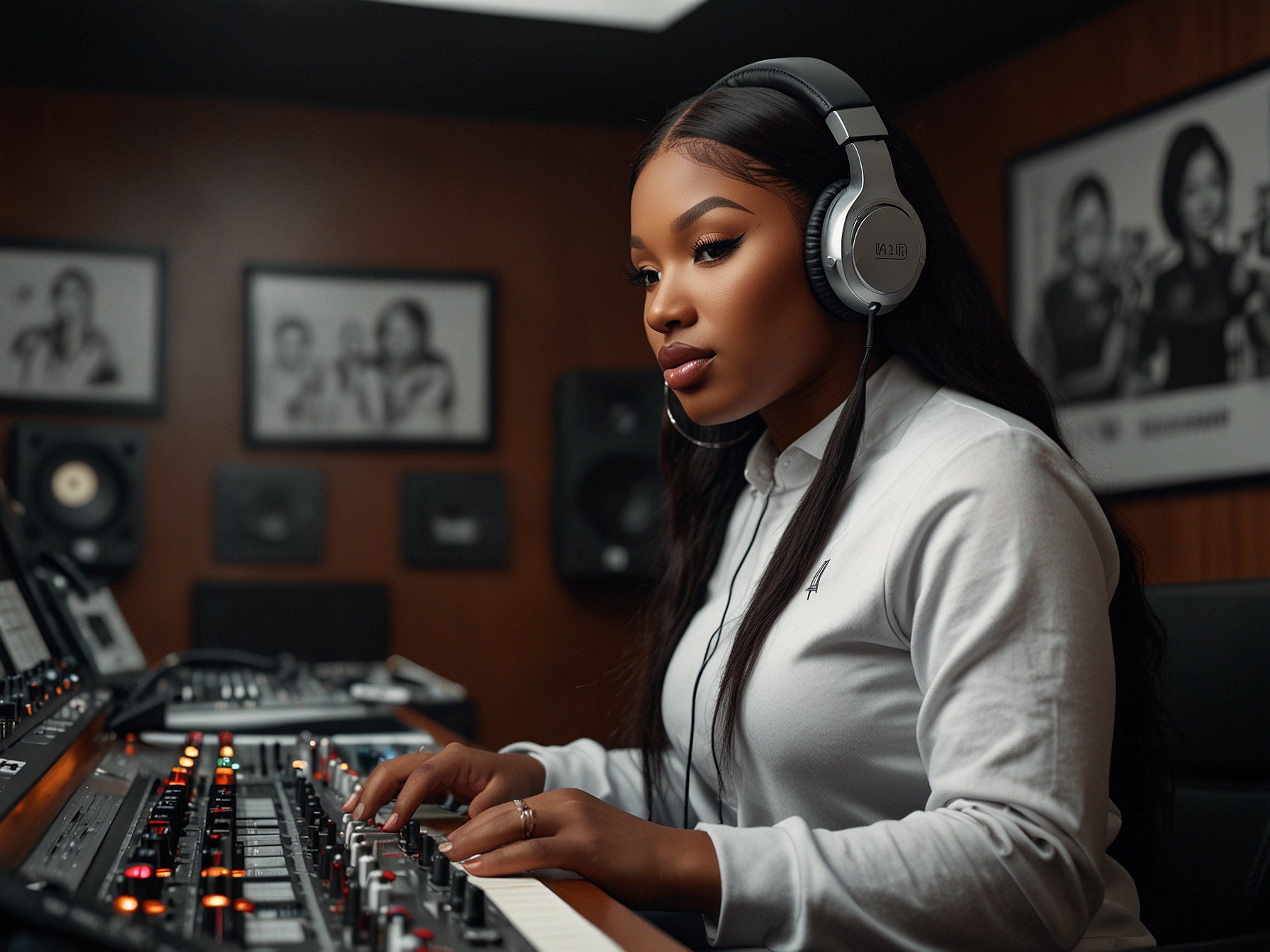A close-up shot of Megan Thee Stallion in a recording studio, emphasizing the intense focus and confidence she exudes while creating music, reflecting the themes of 'Down Stairs DJ.'