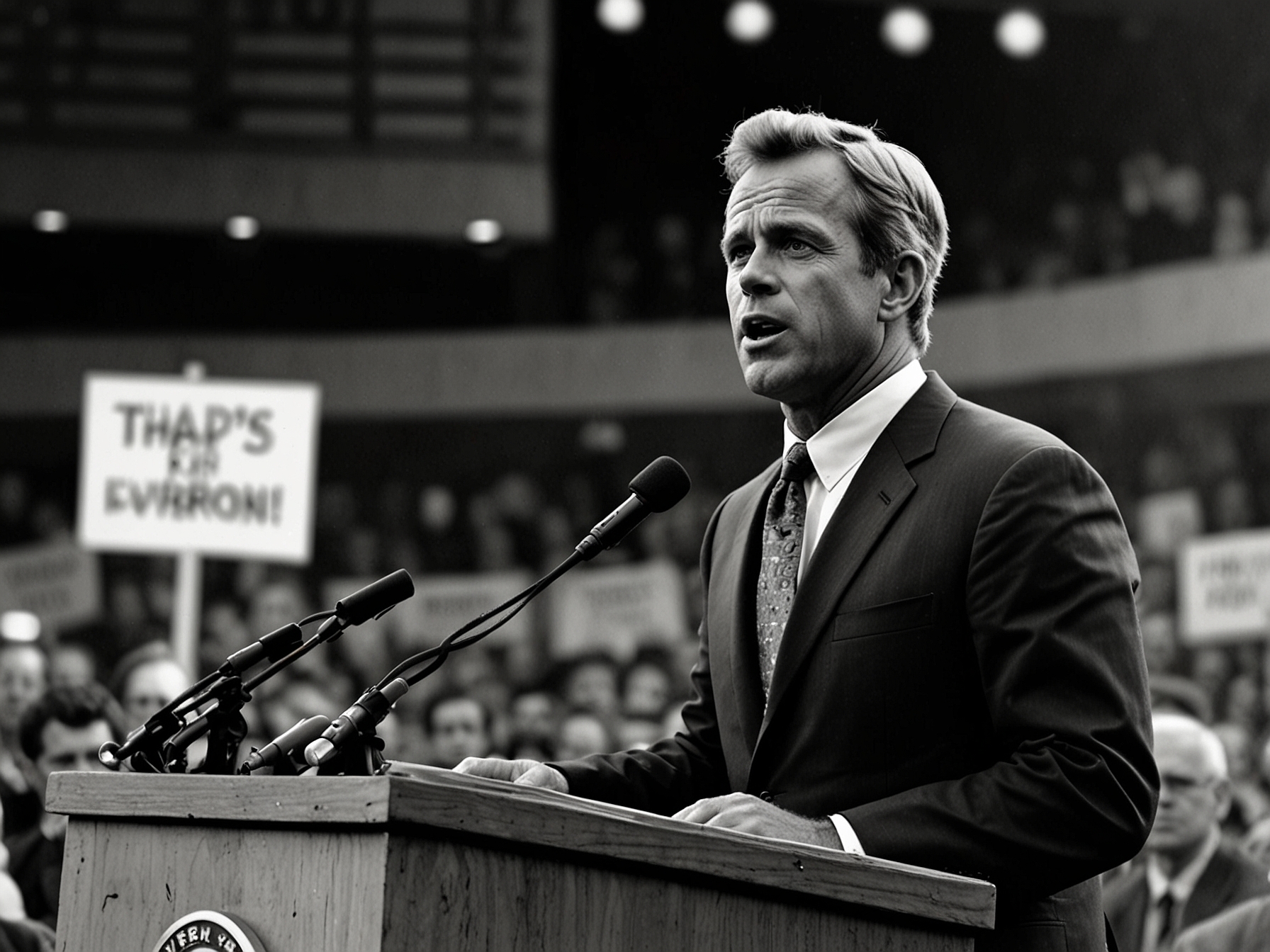 Robert F. Kennedy Jr. speaking passionately at a campaign rally, emphasizing the importance of addressing healthcare reform, environmental policies, and government transparency.
