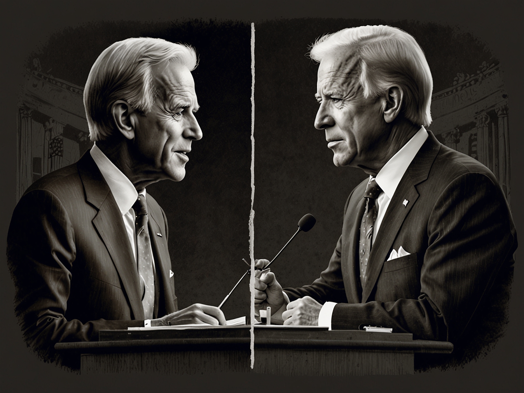 A split-screen illustration showing RFK Jr.'s live-streamed debate on one side and the Trump-Biden debate on the other, highlighting the concurrent timing and alternative viewpoints.