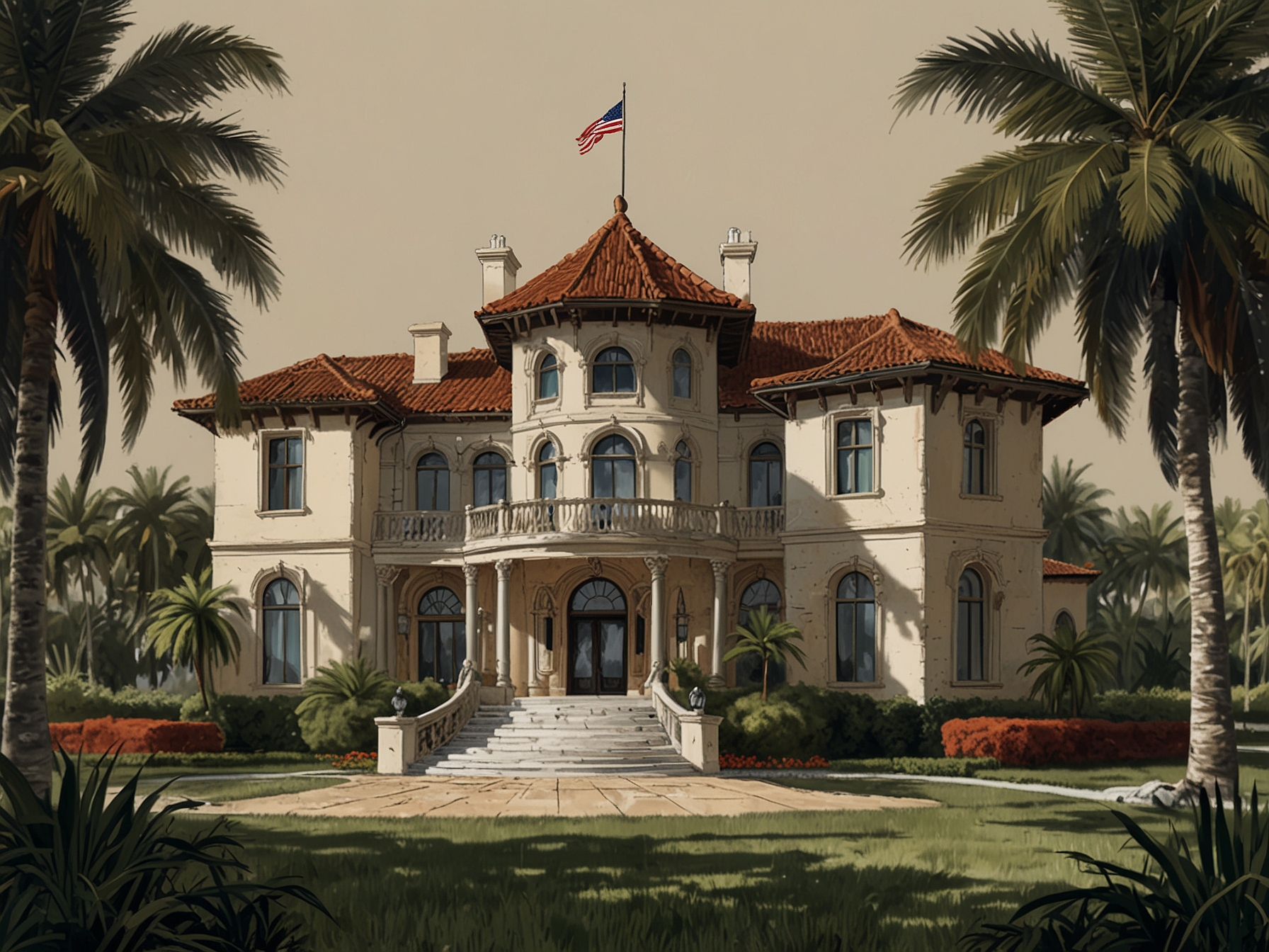 An illustration of Trump's Mar-a-Lago residence with highlighted documents, symbolizing the central issue of classified documents and the legal challenges surrounding their retrieval.