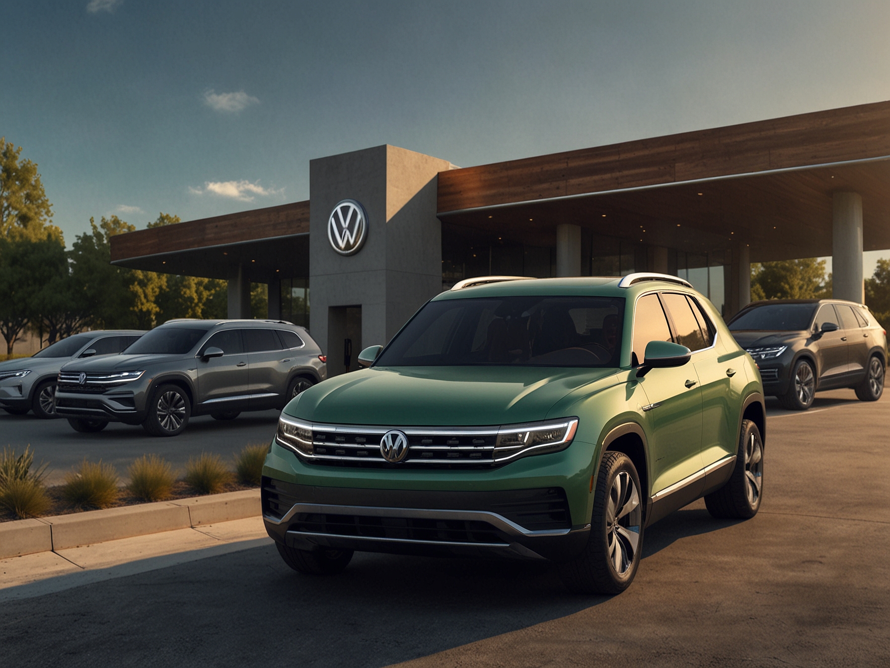 Volkswagen and Rivian logos with electric vehicles in the background, symbolizing the strategic partnership and significant $5 billion investment to advance EV innovation.