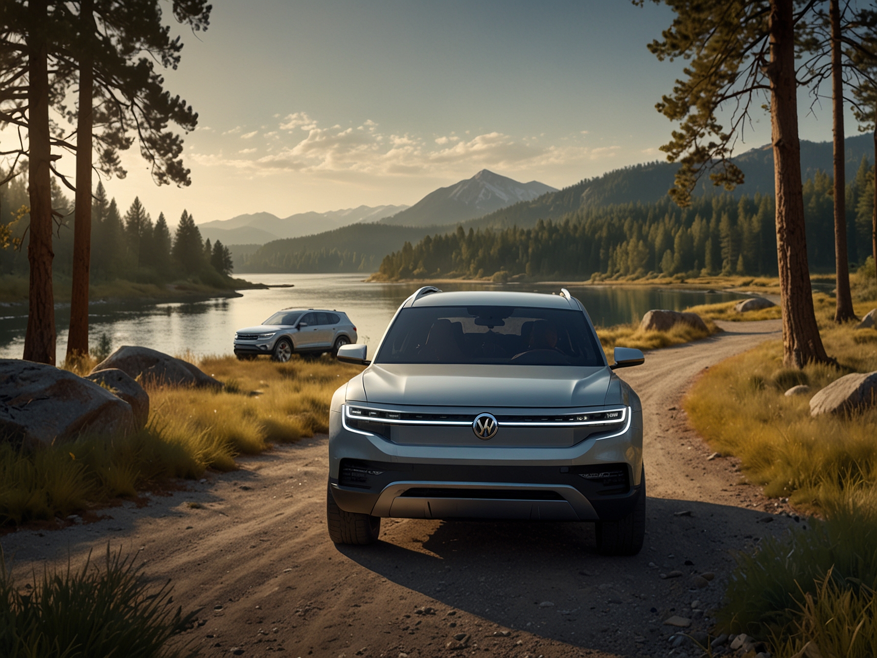 Electric Rivian R1T pickup truck and R1S SUV in a scenic outdoor setting, highlighting the innovative electric vehicles that have caught Volkswagen's attention for investment.