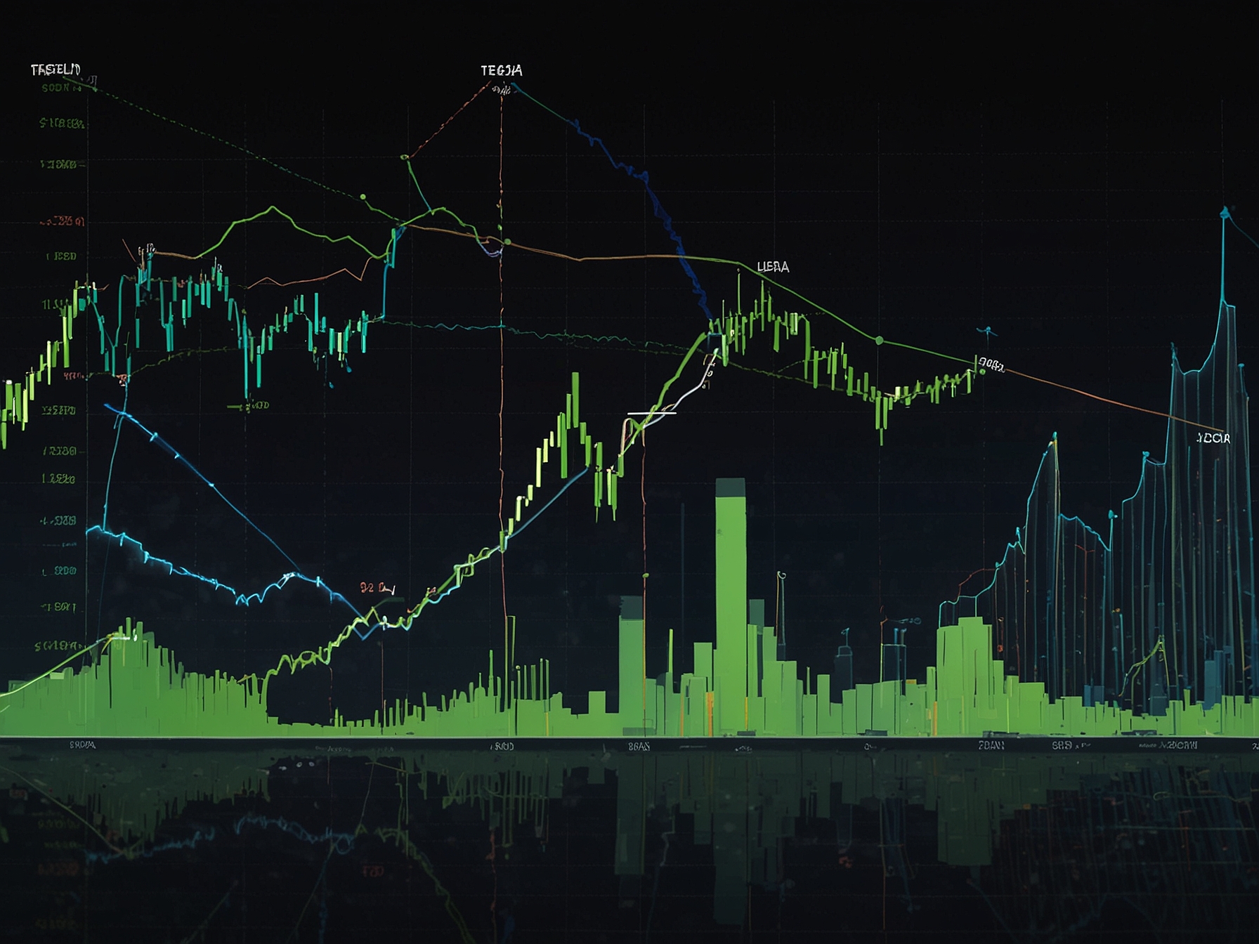 An upward graph showcasing the meteoric rise of Nvidia, Tesla, and Shopify stocks over the past decade, emphasizing their incredible growth due to AI advancements.