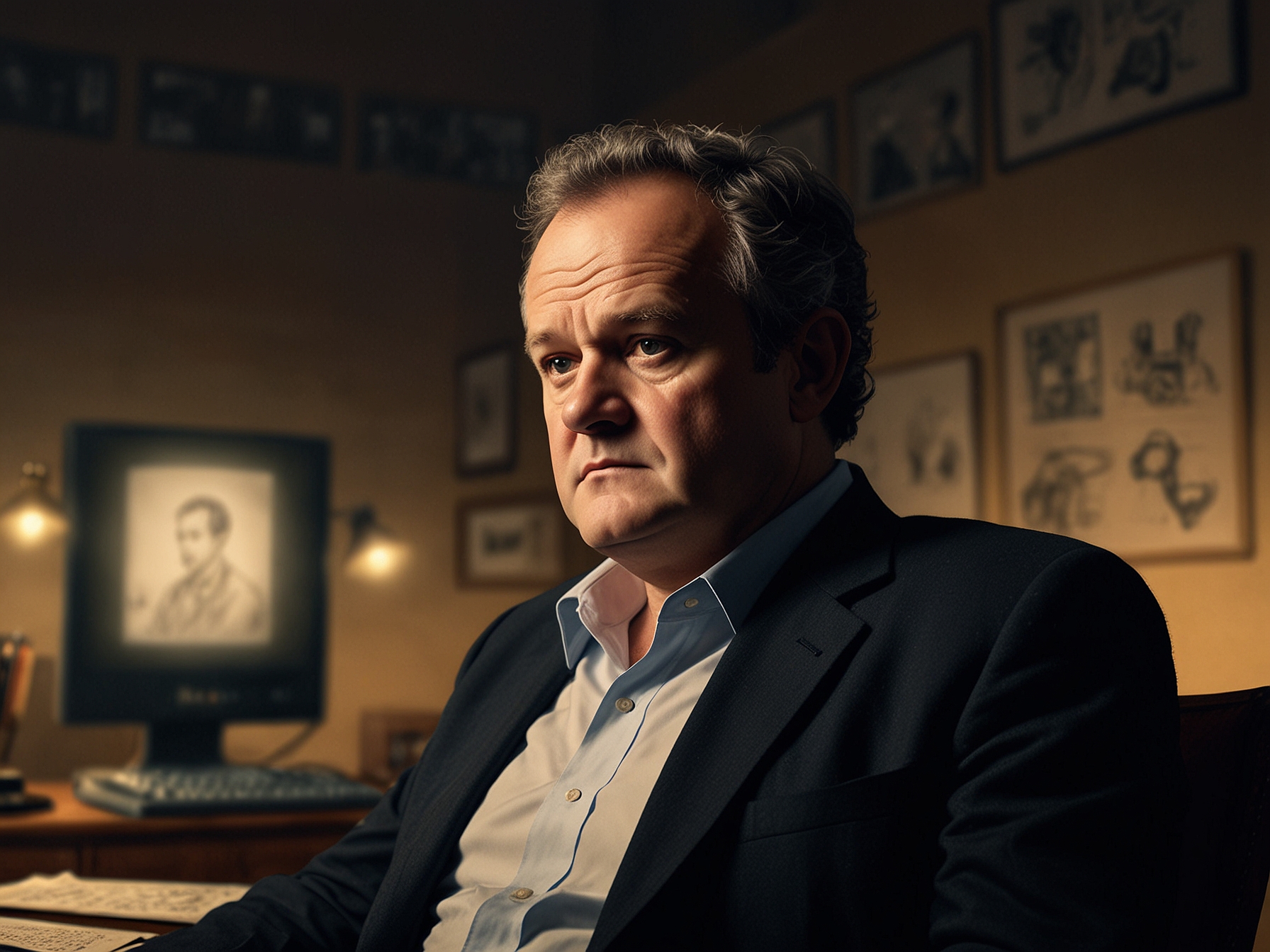 A despondent Hugh Bonneville as Douglas, sitting in a dimly lit room surrounded by the glow of mobile screens, representing the pervasive influence of social media and public scrutiny.