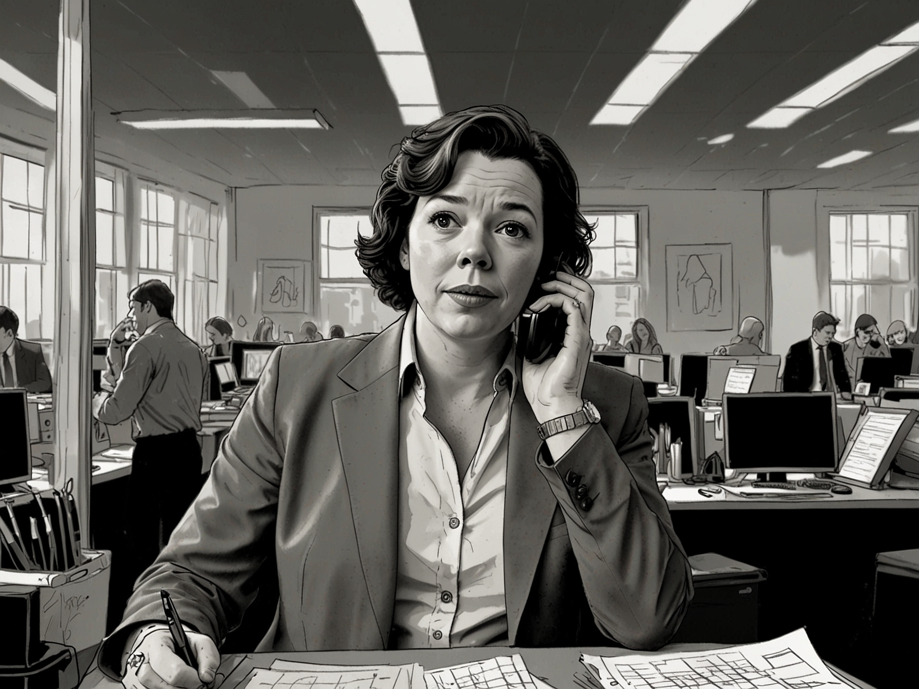 Olivia Colman, as Douglas's publicist, urgently speaking on the phone with a background of chaotic office settings, embodying the frantic efforts to manage a public relations crisis.