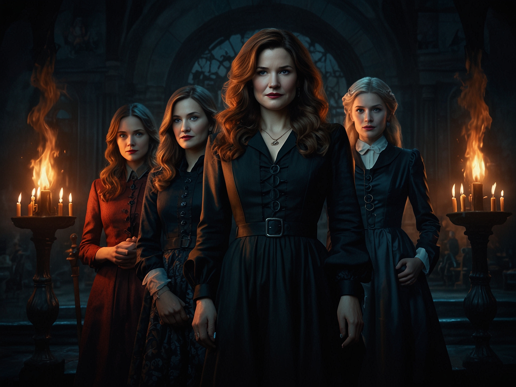 Kathryn Hahn as Agatha Harkness stands among a diverse group of witches in dark, intricate costumes. The image sets a mysterious tone, hinting at their unique abilities and backstories.