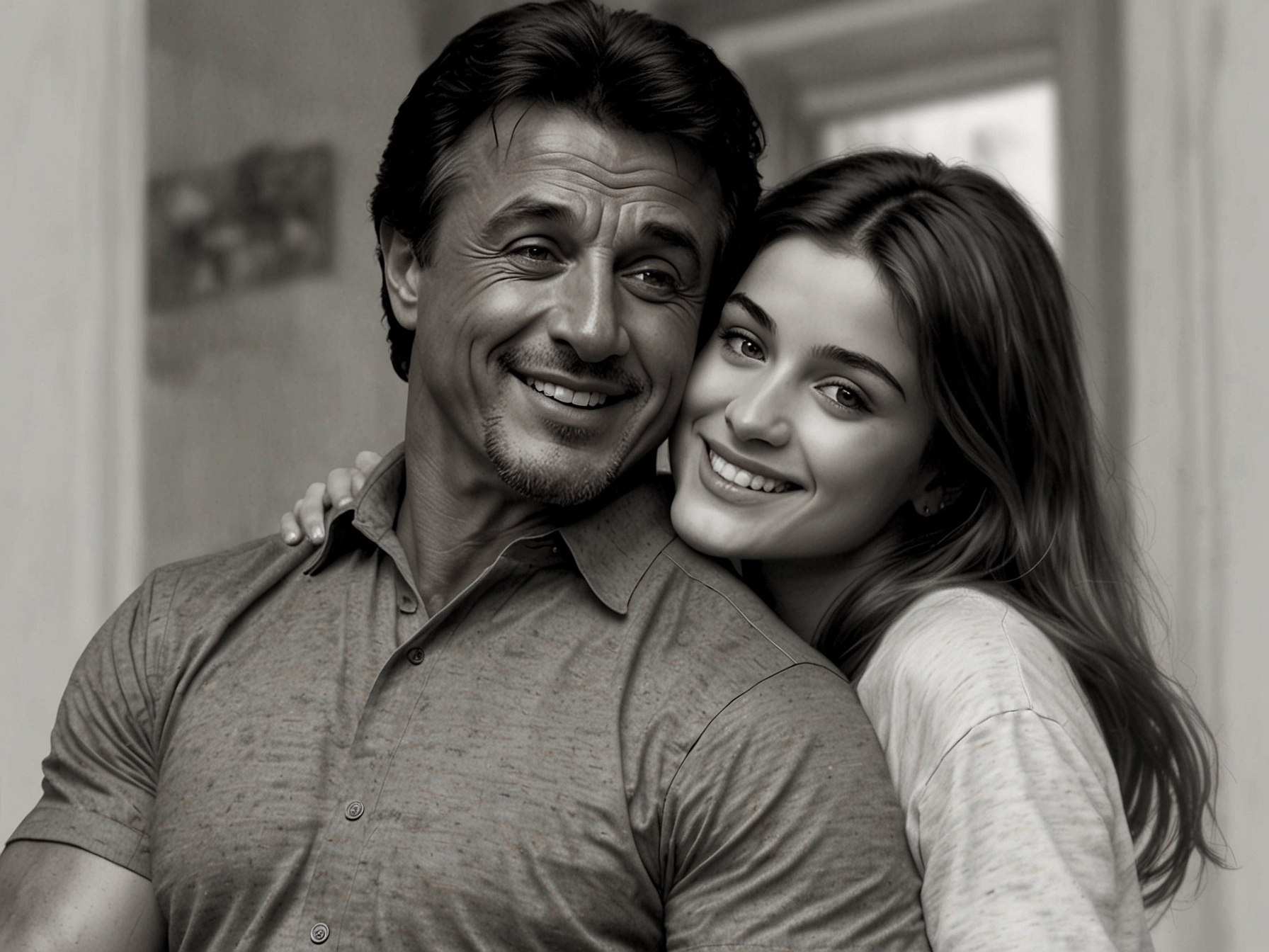 Sylvester Stallone, smiling warmly, embraces his daughter Sistine in a candid family photo, highlighting their close bond and the joy they share.
