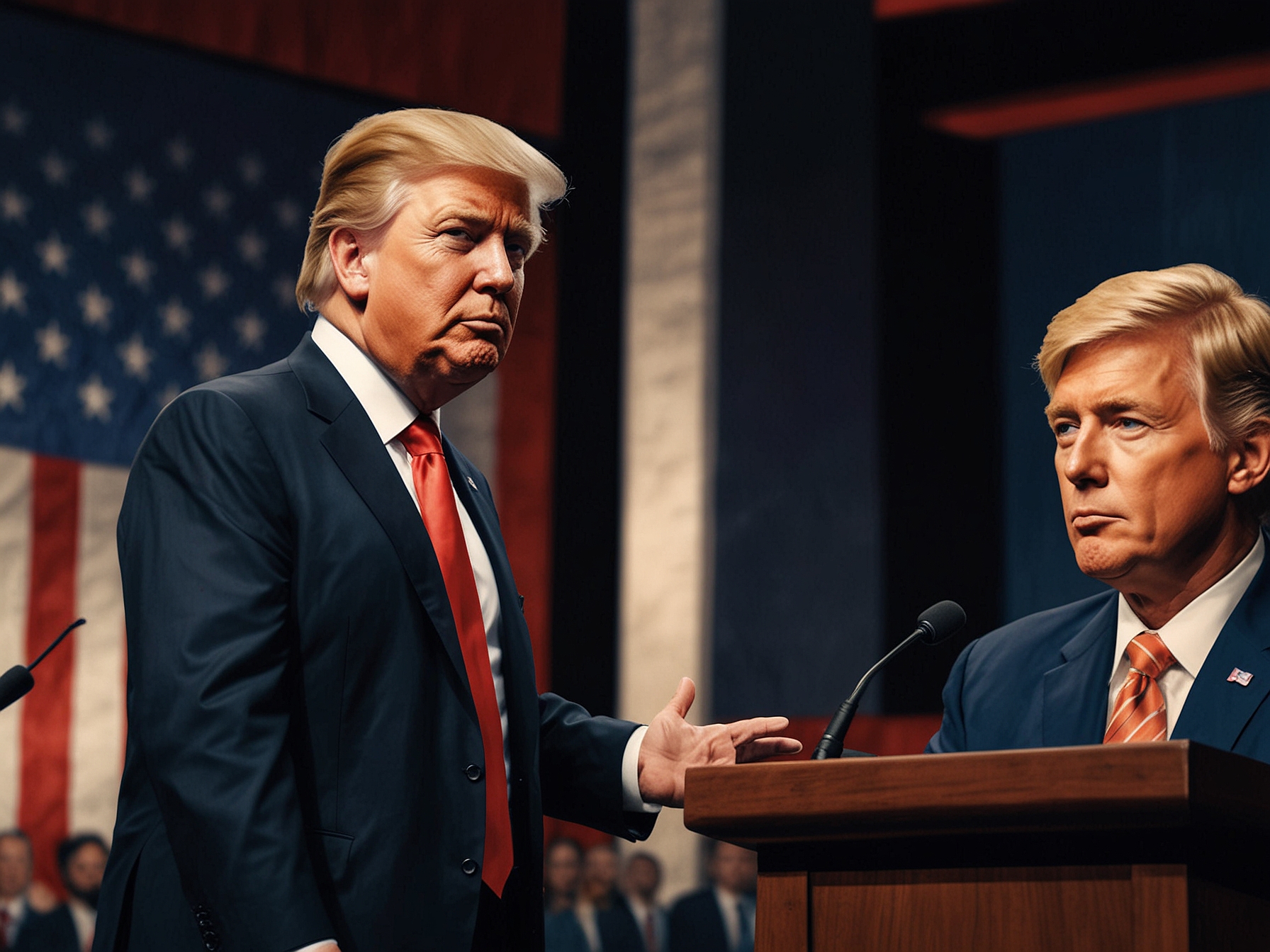 Former President Donald Trump on stage during the first presidential debate, with increasing engagement on Truth Social highlighted in the background.
