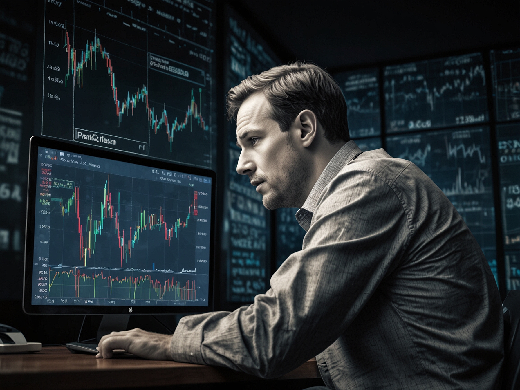An illustration showing a tech founder considering private funding options instead of IPO, with a backdrop of fluctuating stock market graphs.