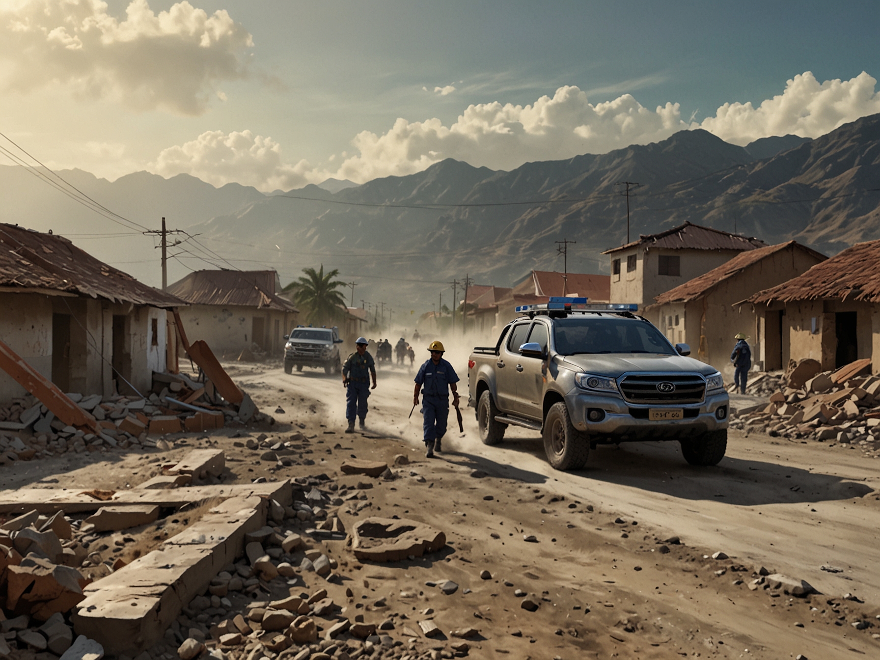 Emergency response teams delivering aid to affected communities in southern Peru, with damaged infrastructure and disrupted roads visible in the background after the earthquake.