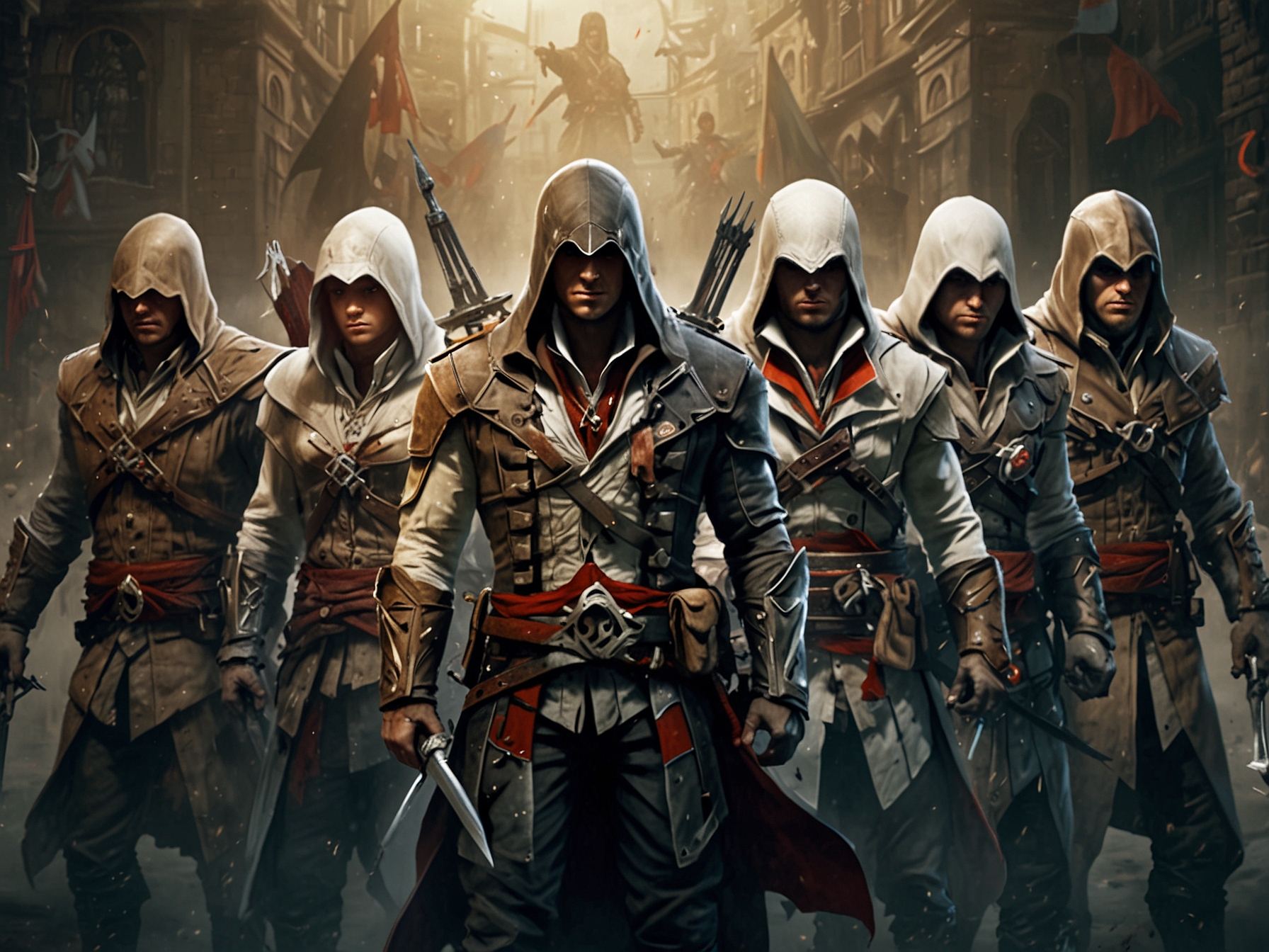 A high-definition image of various Assassin’s Creed protagonists standing together, each representing different historical periods and locations, highlighting the diversity of the franchise.