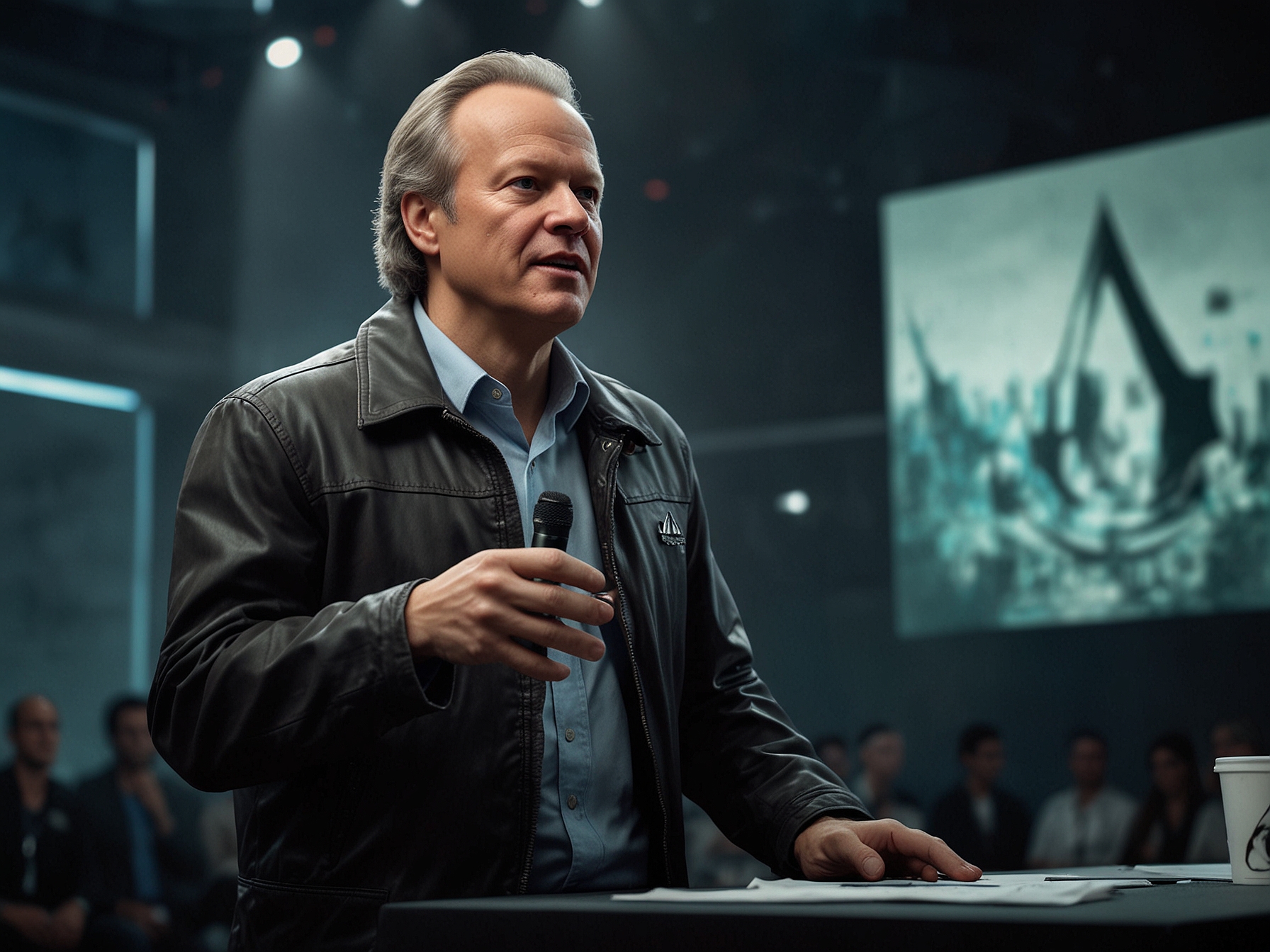 An image of Yves Guillemot speaking at a gaming convention, with the Assassin’s Creed logo in the background, symbolizing the official announcement of upcoming games in the series.