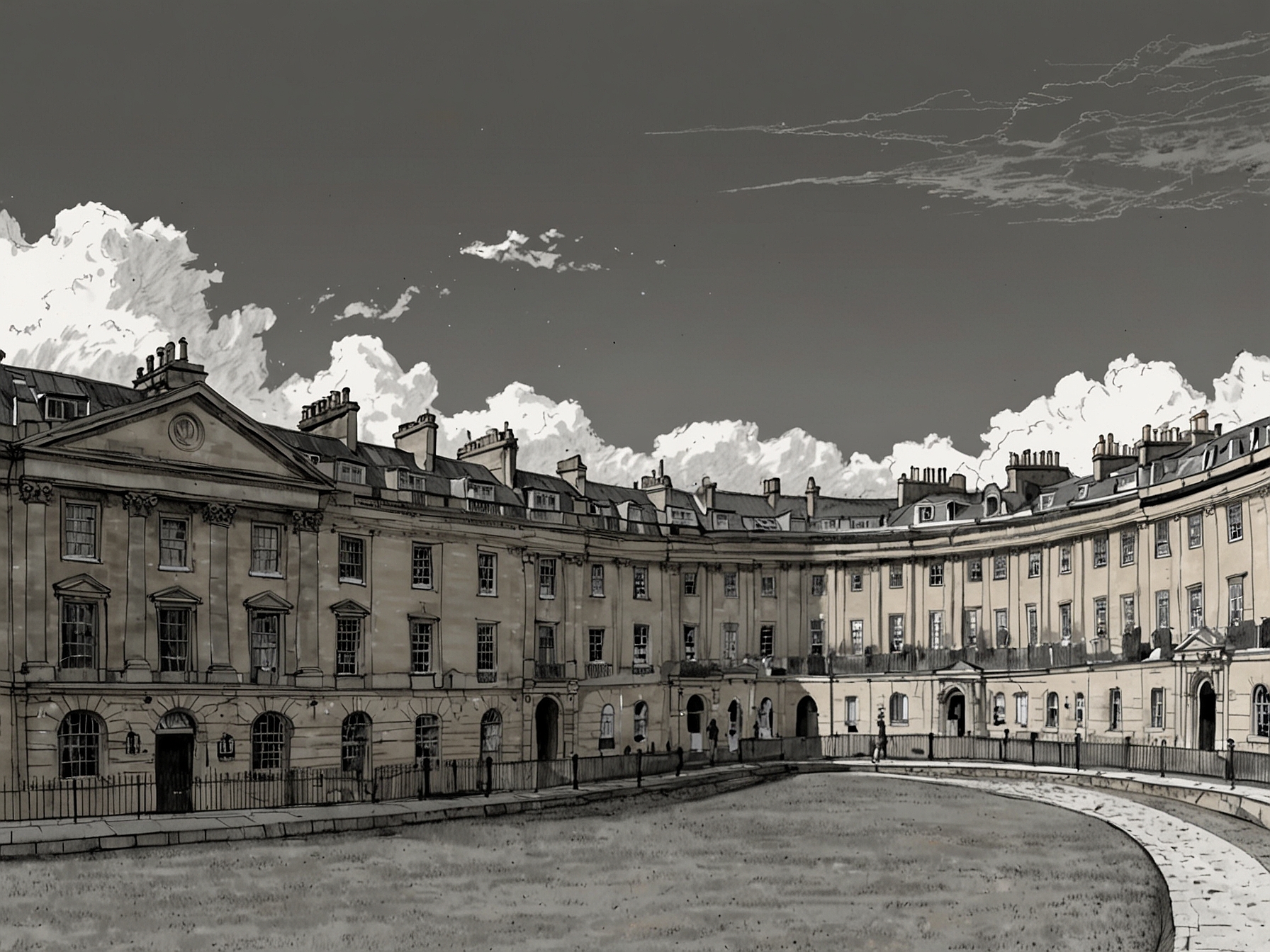 A picturesque view of Bath's iconic Georgian architecture with the Royal Crescent in the background, showcasing the city's historic charm and beautifully preserved buildings.