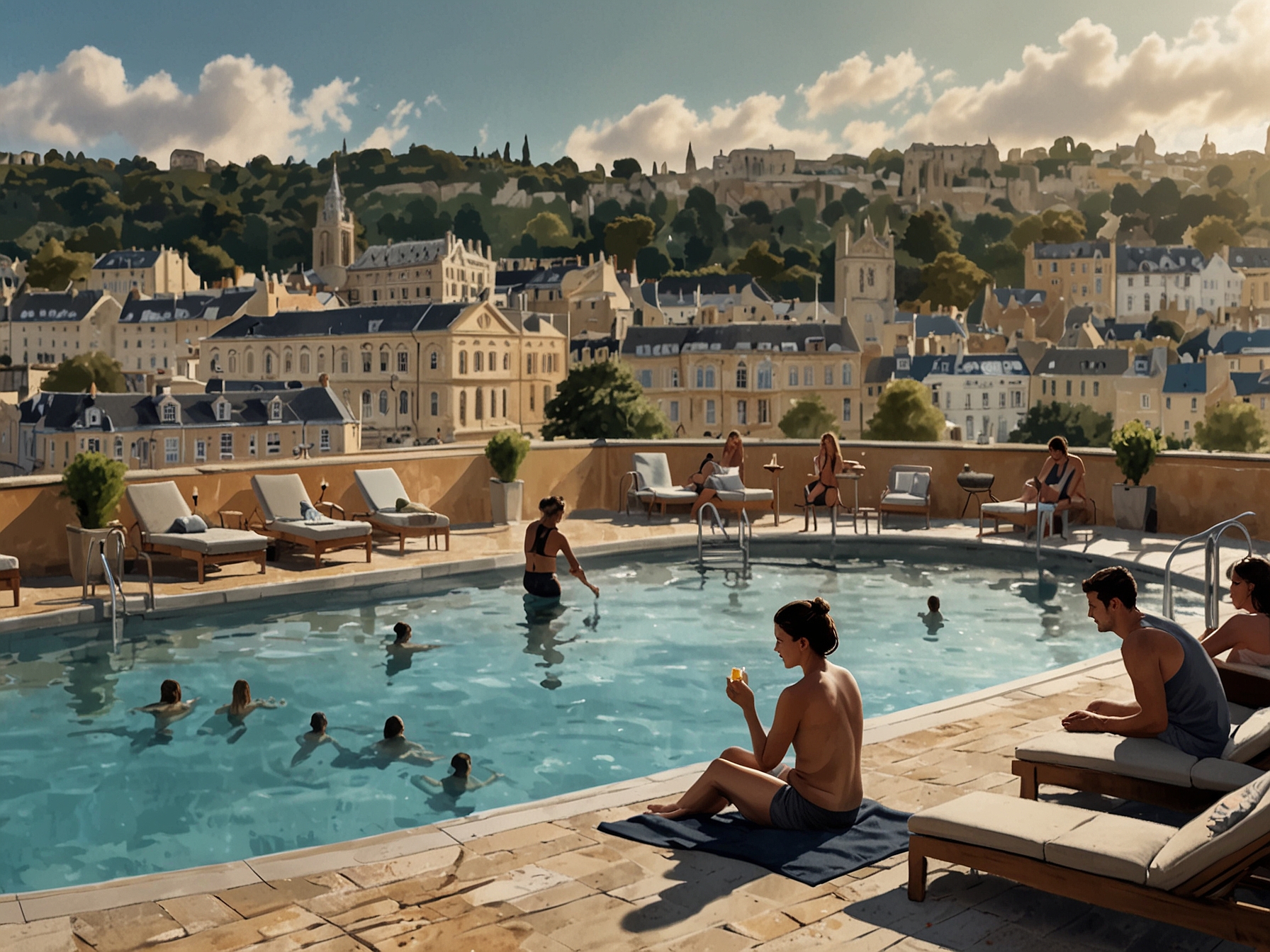 Visitors enjoying the warm, mineral-rich waters of the Thermae Bath Spa's rooftop pool, with a panoramic view of Bath's cityscape and surrounding hills, highlighting a relaxing staycation experience.
