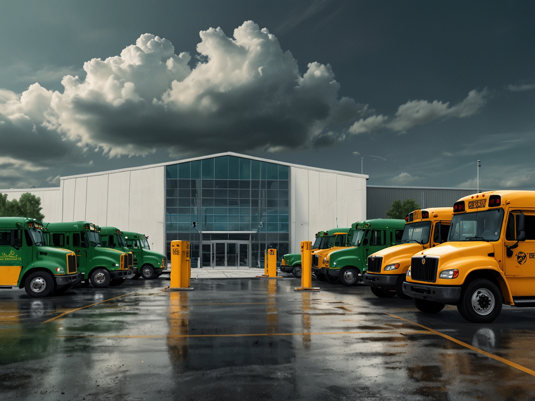 An image showing GreenPower's West Virginia manufacturing facility with several electric school buses, including Nano BEAST models, emphasizing the company's expansion and production capabilities.